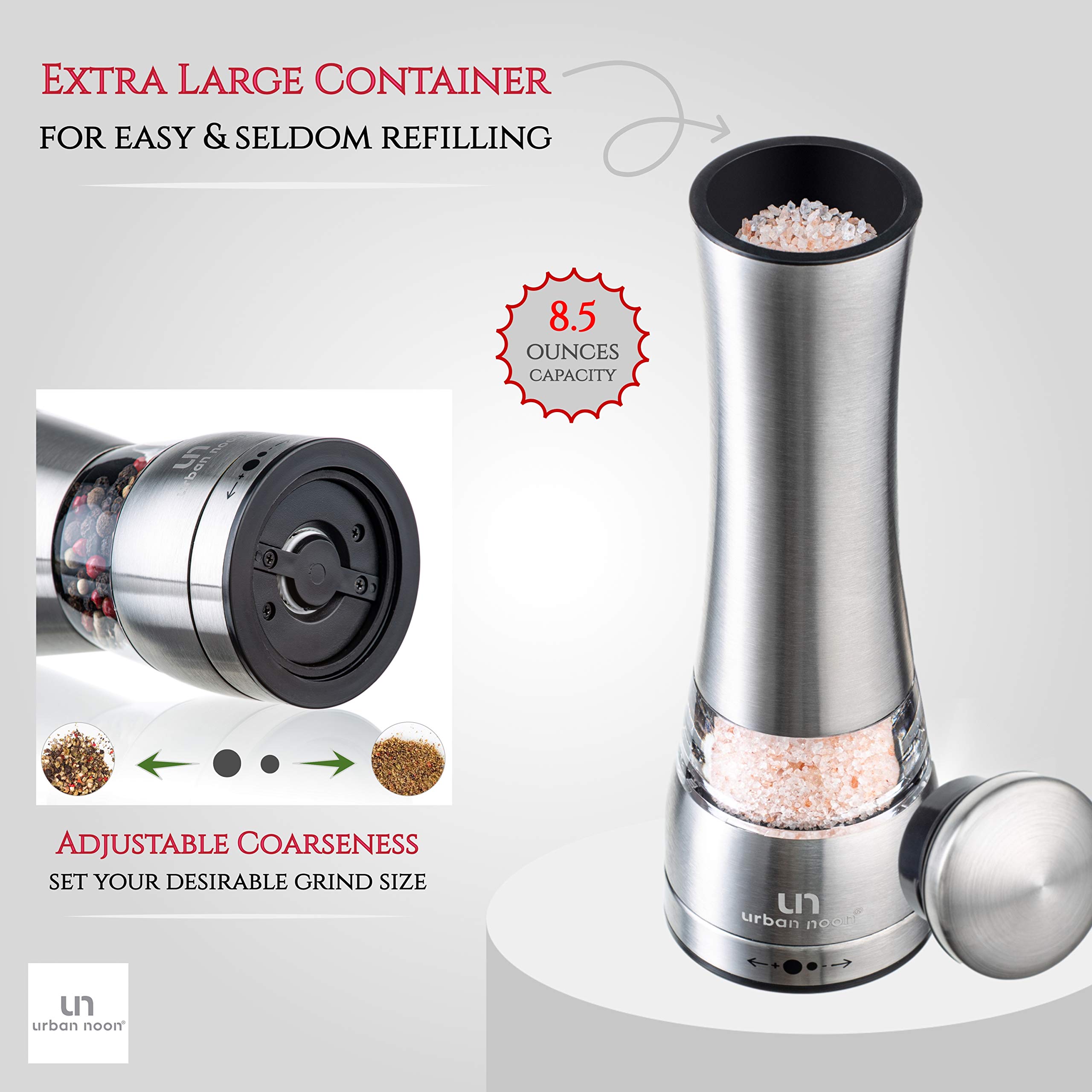 Premium Stainless Steel Salt and Pepper Grinder Set - Large Capacity Manual Mills with Ceramic Grinders & Adjustable Coarseness - Includes Tray & Luxury Gift Box (Set of 2) - Perfect for Kitchen, Dining Table, and Gourmet Cooking Gifts