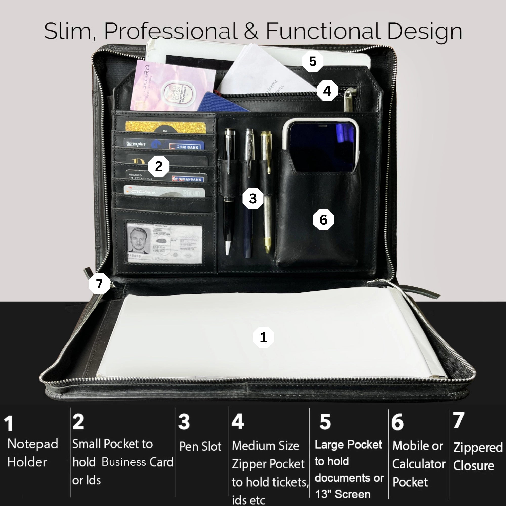 Premium Kingsman Business Leather Padfolio - Professional Black Portfolio for Meetings, Presentations & Office Use