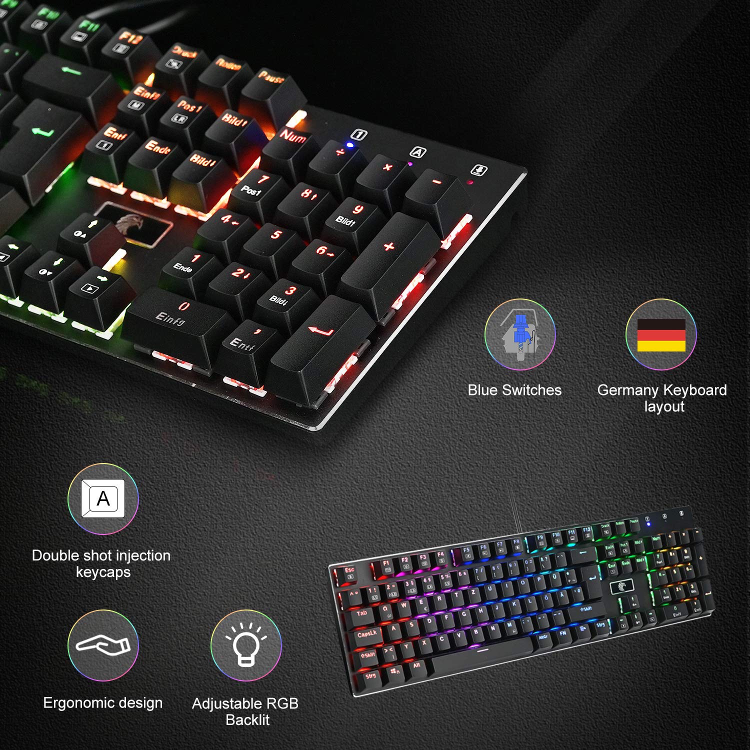 COVVY Mechanical Gaming Keyboard with 10 RGB Backlight Modes, Blue Switches, Waterproof, USB Plug & Play - German Layout for PC, Laptop Gamers (Windows XP/Vista/7/8/10) - Perfect for Esports, Streaming & Office Work