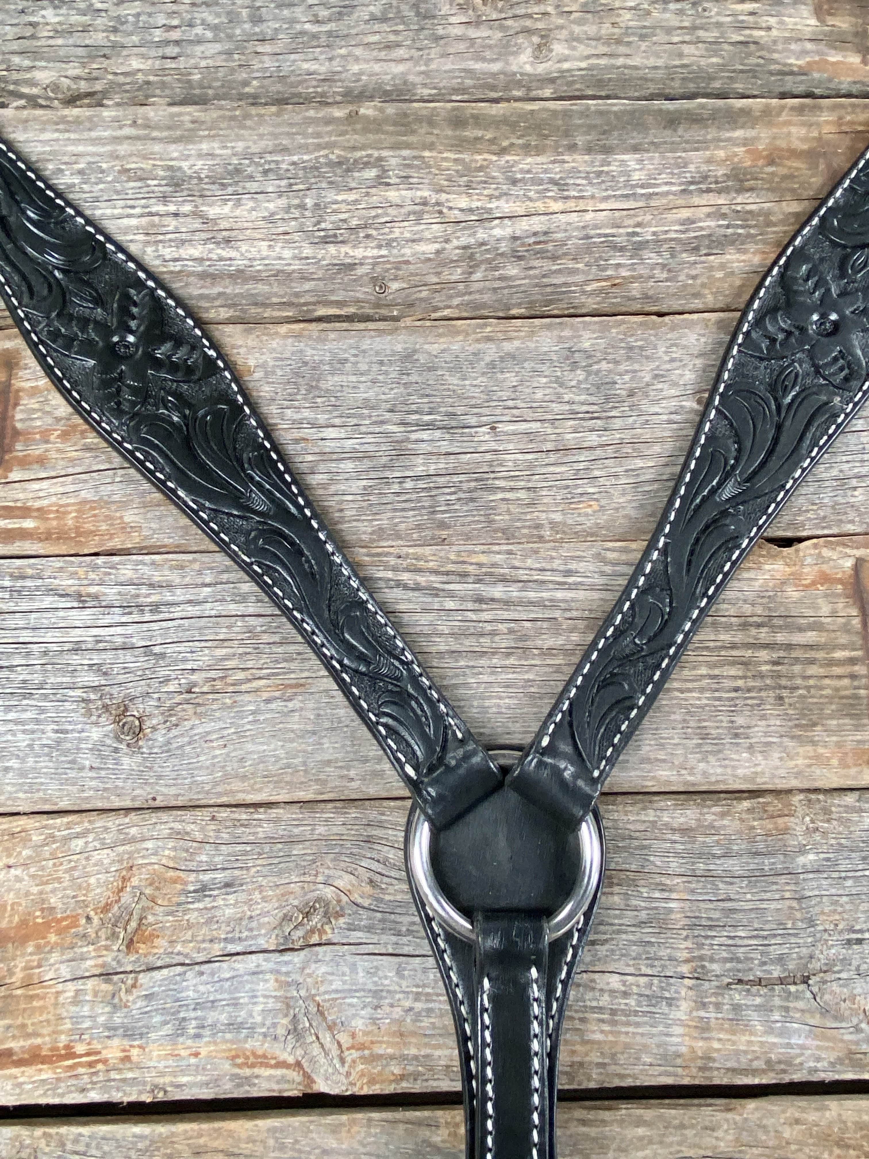 Floral Tooled Black Leather Breastcollar for Horses - Western Equestrian Show & Trail Riding Accessory #5066