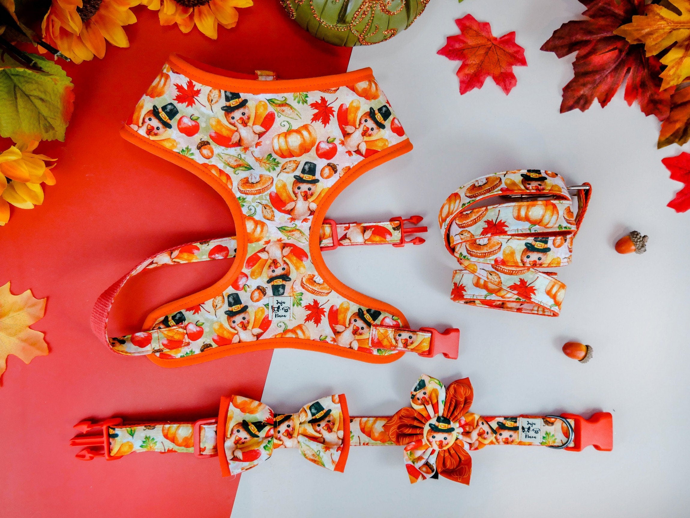 Thanksgiving Dog Harness - Watercolor Harvest Print Adjustable Pet Vest for Small Medium Large Dogs - Perfect for Autumn Walks & Holiday Photos