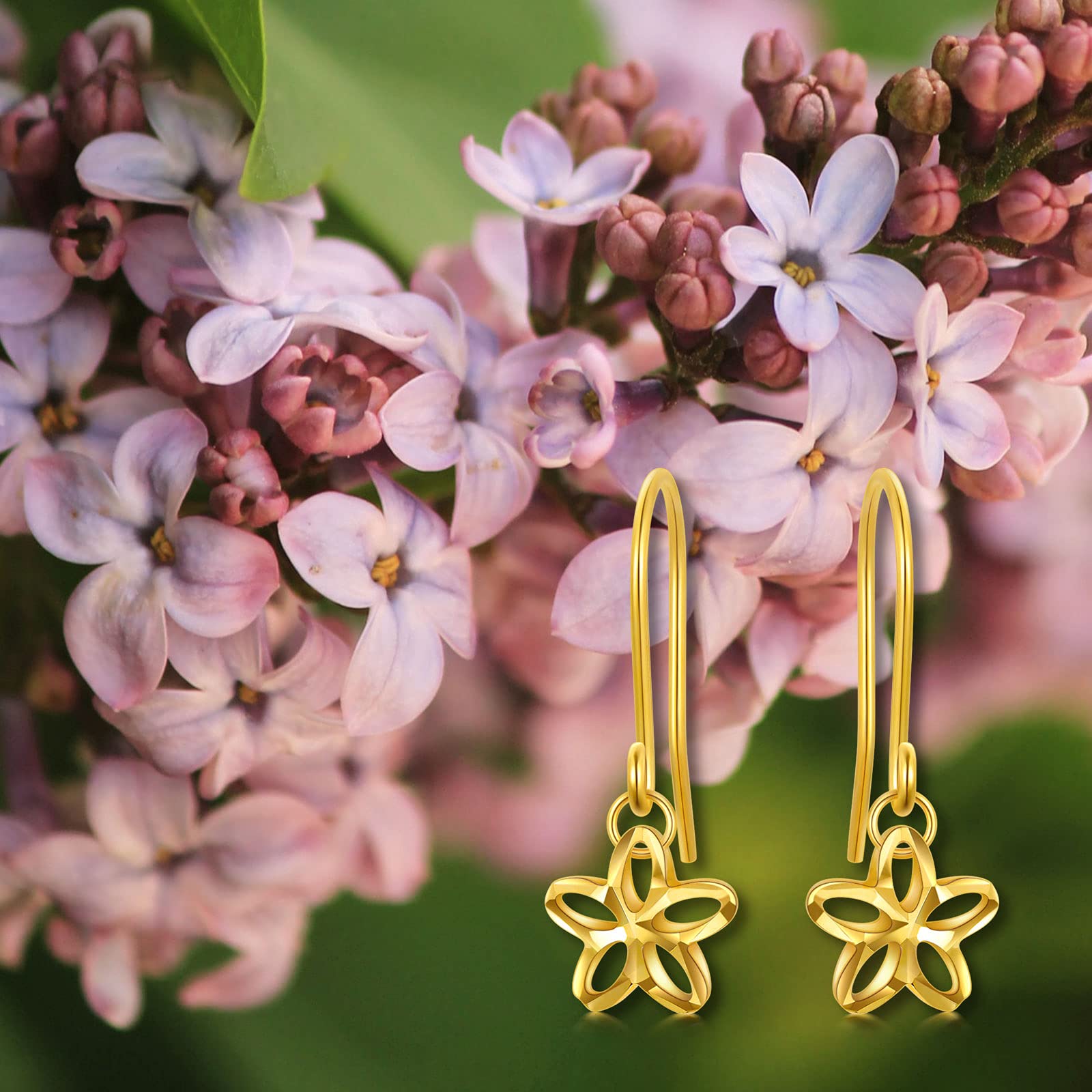 18K Solid Gold Cherry Blossom Dangle Earrings for Women - Yellow Gold Floral Drop Earrings for Anniversary, Birthday Gifts for Her - Perfect for Weddings, Parties & Special Occasions