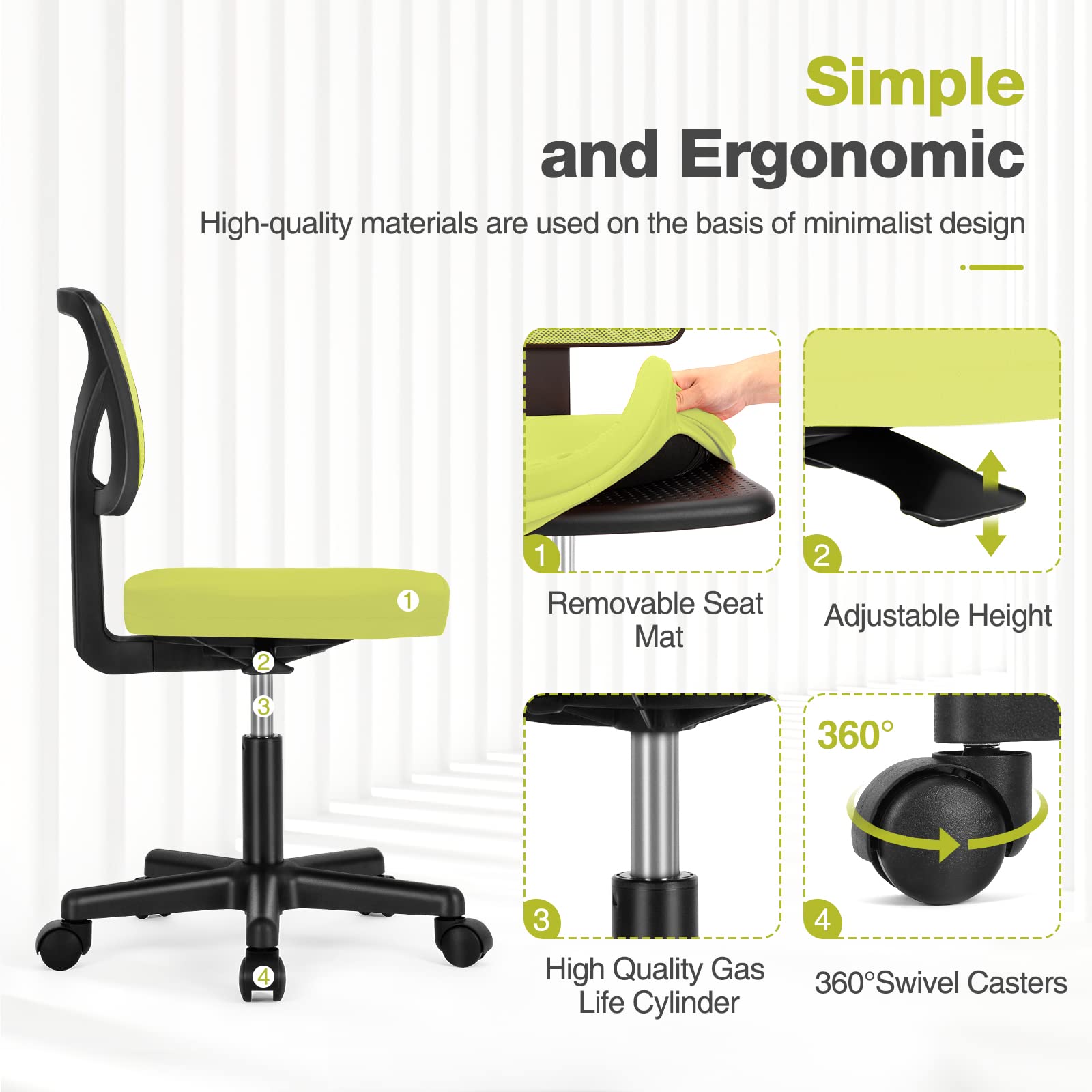 Ergonomic Mesh Office Chair with Lumbar Support - Adjustable Height Armless Computer Desk Chair for Home Office, Rolling Swivel Task Chair (Green) - Perfect for Long Work Hours & Gaming Sessions