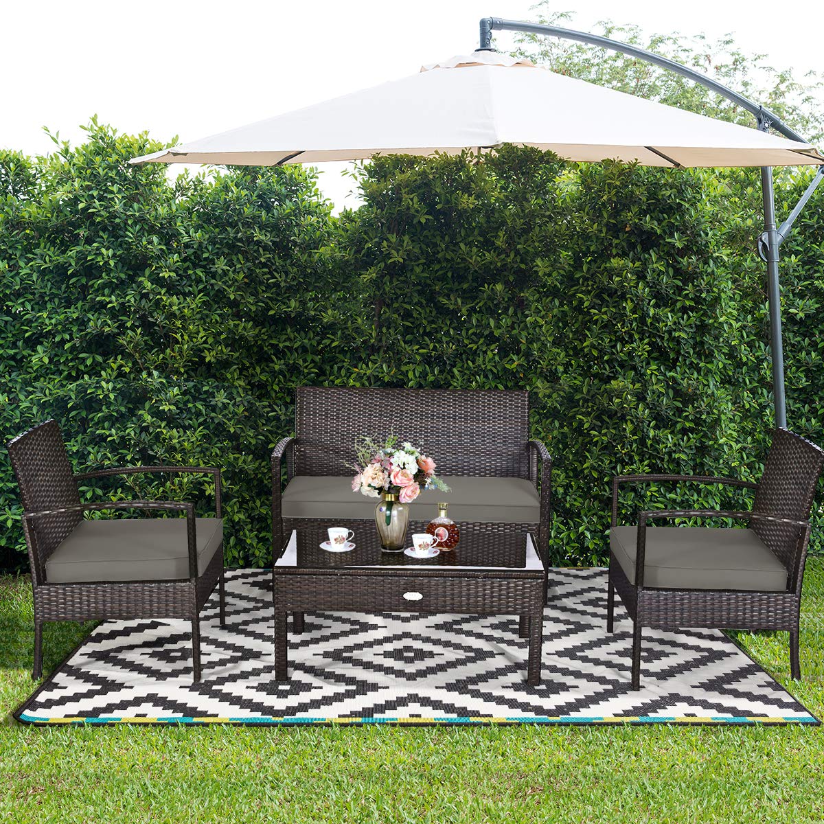 HappyGrill 4-Piece Outdoor Patio Furniture Set - Rattan Wicker Loveseat Sofa with Cushions & Glass Top Coffee Table - Perfect for Garden, Poolside, Lawn, and Backyard Relaxation