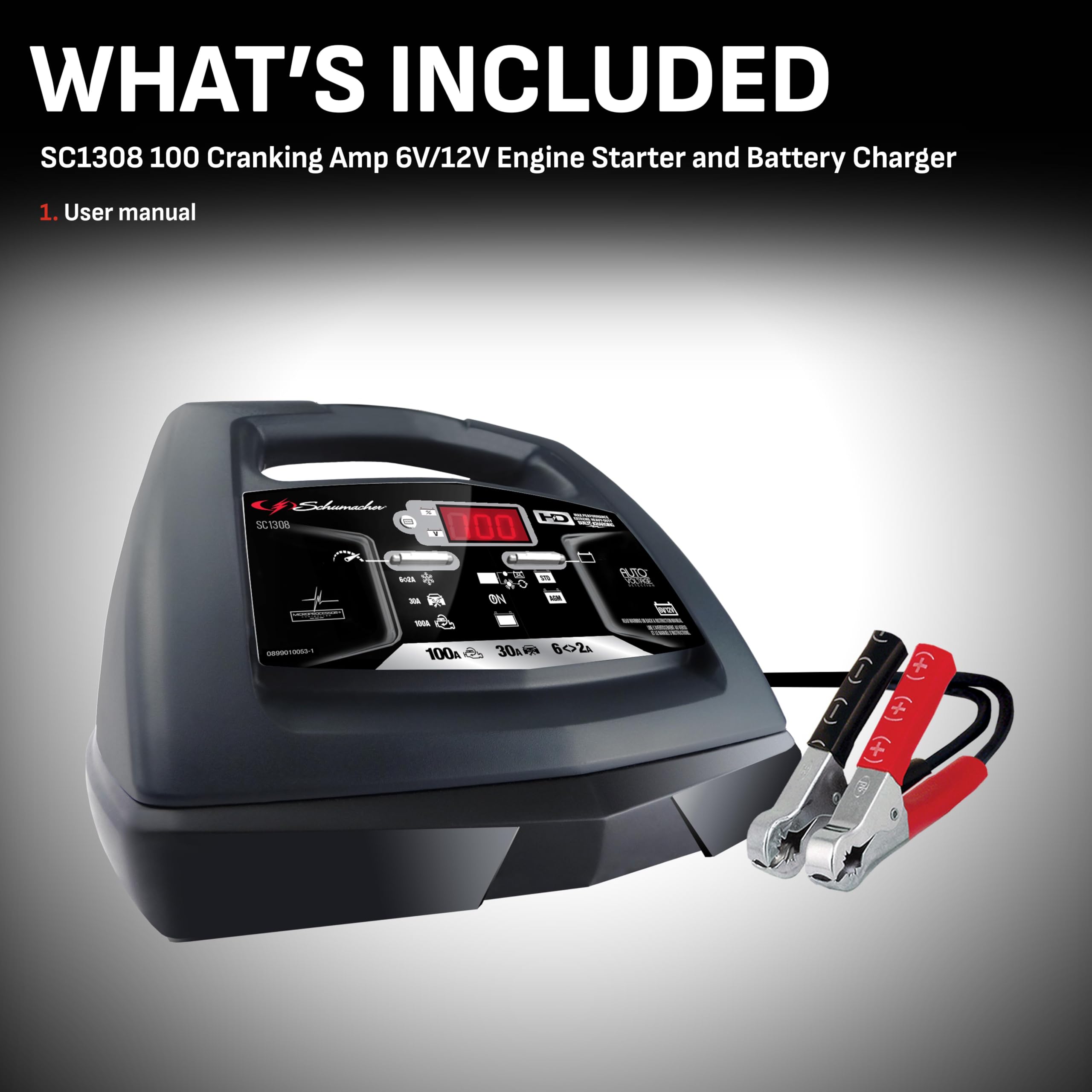 Schumacher SC1308 6-in-1 Fully Automatic Battery Charger & Engine Starter - 100 Cranking Amps for 6V/12V Car, Truck, SUV & Marine Batteries - Perfect for Emergency Jump Starts, Winter Maintenance & Marine Power Solutions