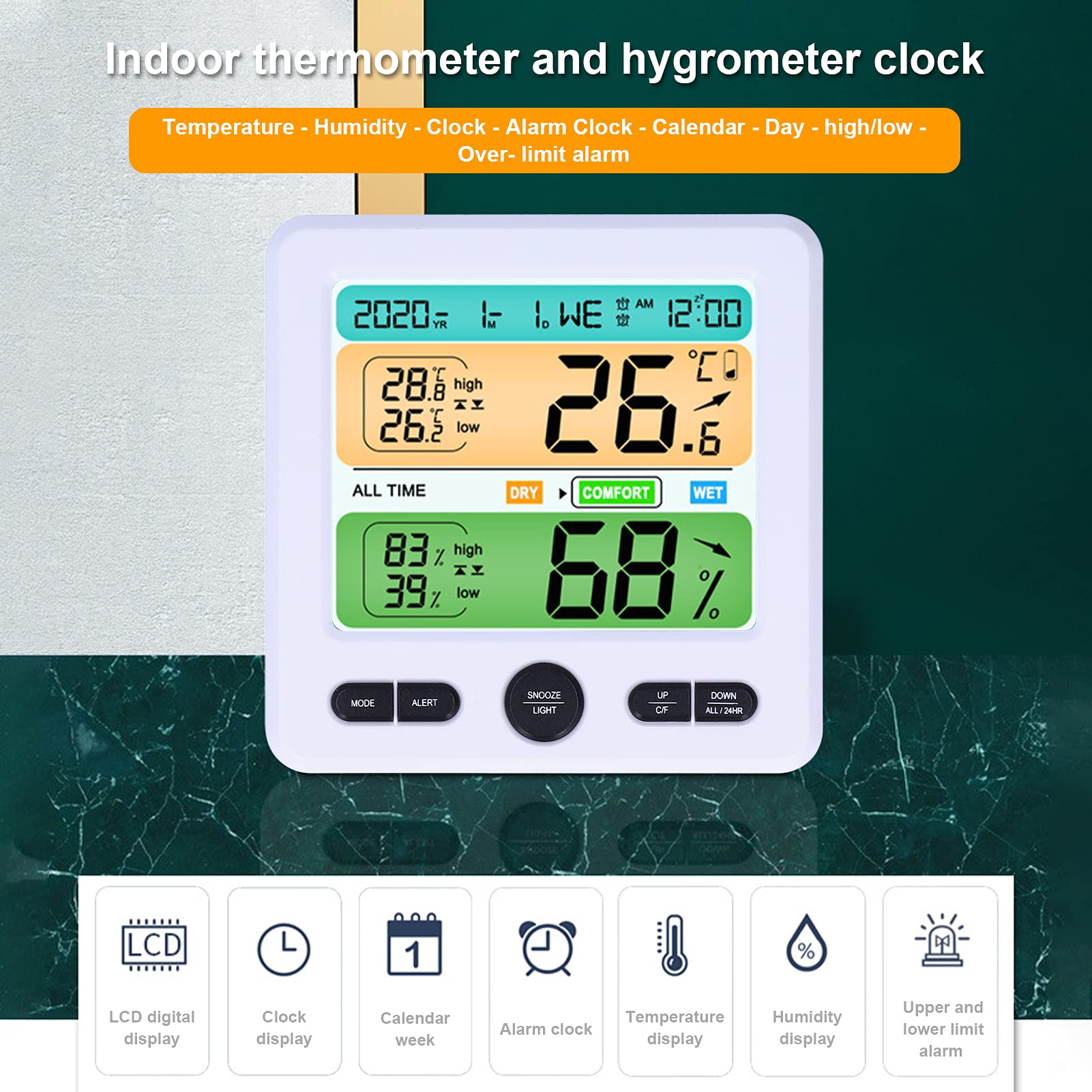 Accurate Weather Forecast Digital Clock with Snooze Function - White Display for Bedroom, Living Room & Flower Room | Perfect for Home, Office & Nursery Use