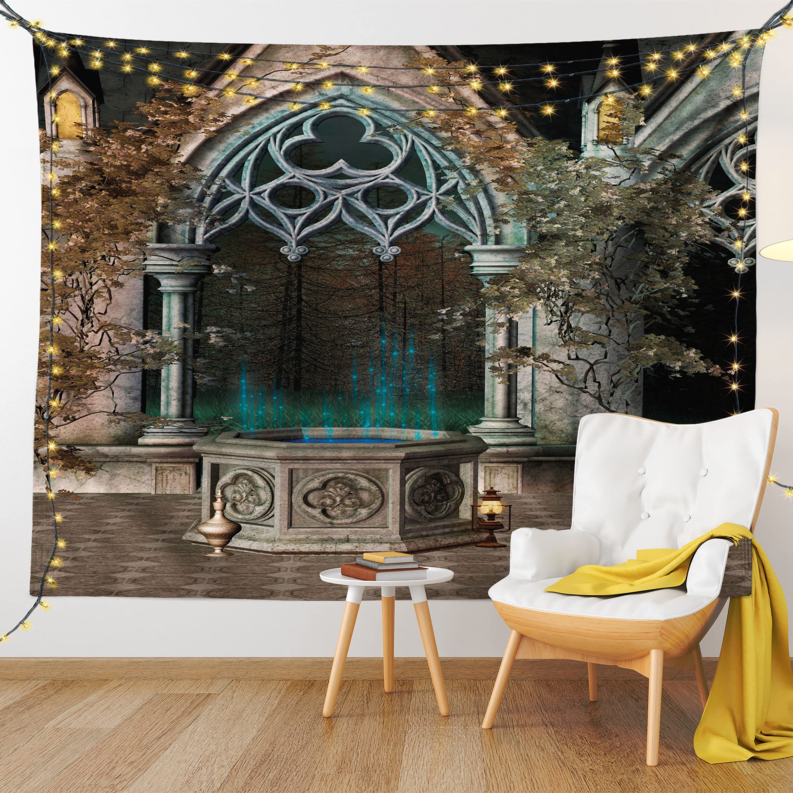 Ambesonne Gothic Tapestry - Enchanted Wishing Well Ivy Antique Forest Gateway Wall Art - 40x60 Inch Taupe Green Wall Hanging for Bedroom, Living Room, Dorm Decor - Perfect for Gothic Home Decor, Halloween Party & Fantasy Themed Rooms
