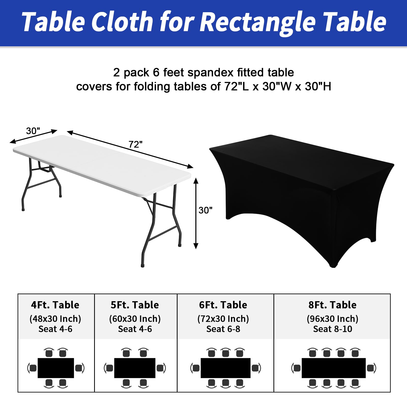 Fixwal 6FT Stretch Spandex Tablecloth for Rectangle Table - 2 Pack Black Fitted Table Covers for Party, Wedding, Banquet Decor | Washable & Wrinkle-Free | Perfect for Dining Room, Buffet Tables & Event Decorations