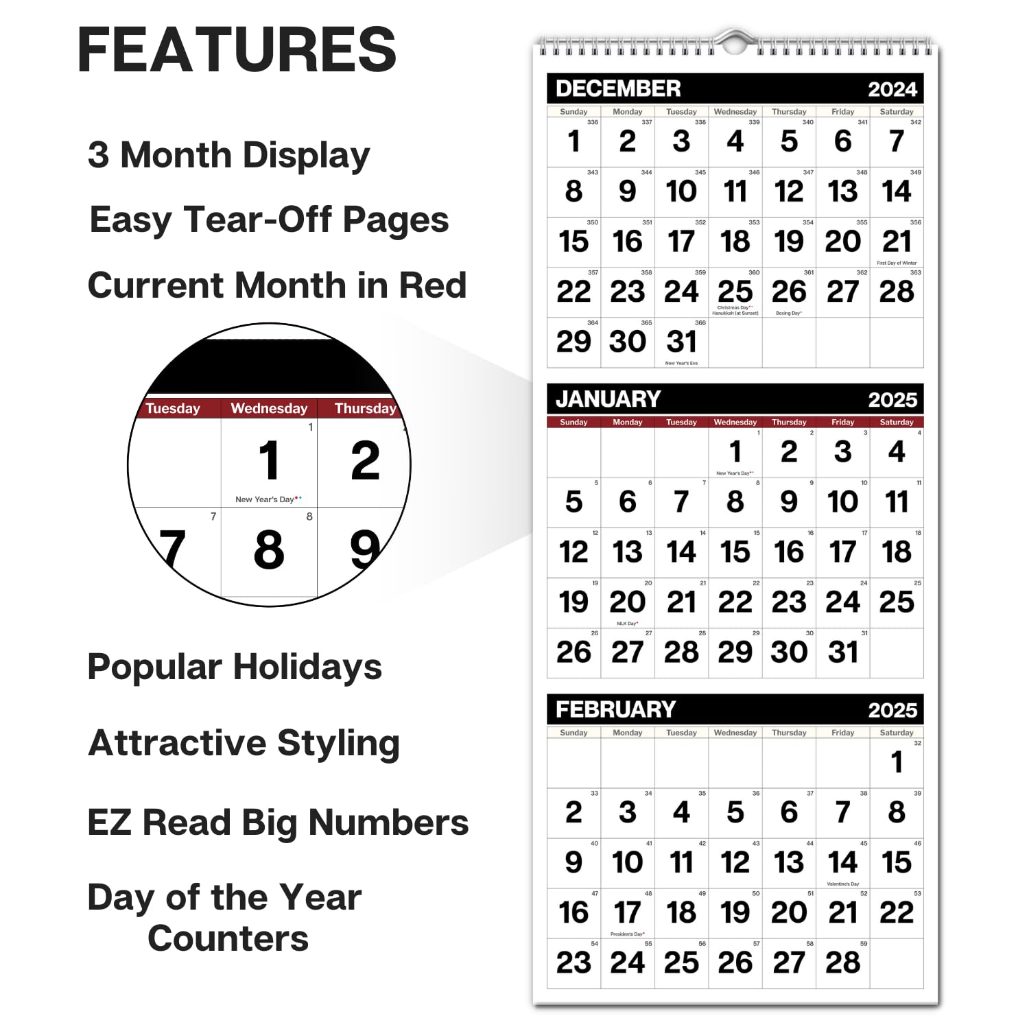 Dunwell 2024-2025 3-Month Vertical Wall Calendar | September 2024 - December 2025 | Black 11x26