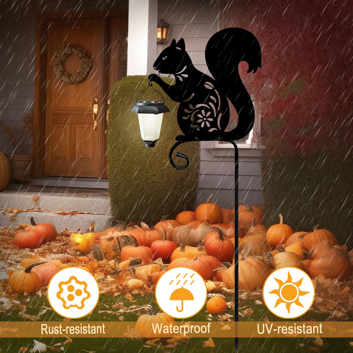 Metal Squirrel Garden Stake - Hokfirm Solar Powered Outdoor Lights with Lantern, Waterproof Pathway & Garden Decor (Black Squirrel) - Perfect for Lawn, Yard, Patio & Landscape Lighting
