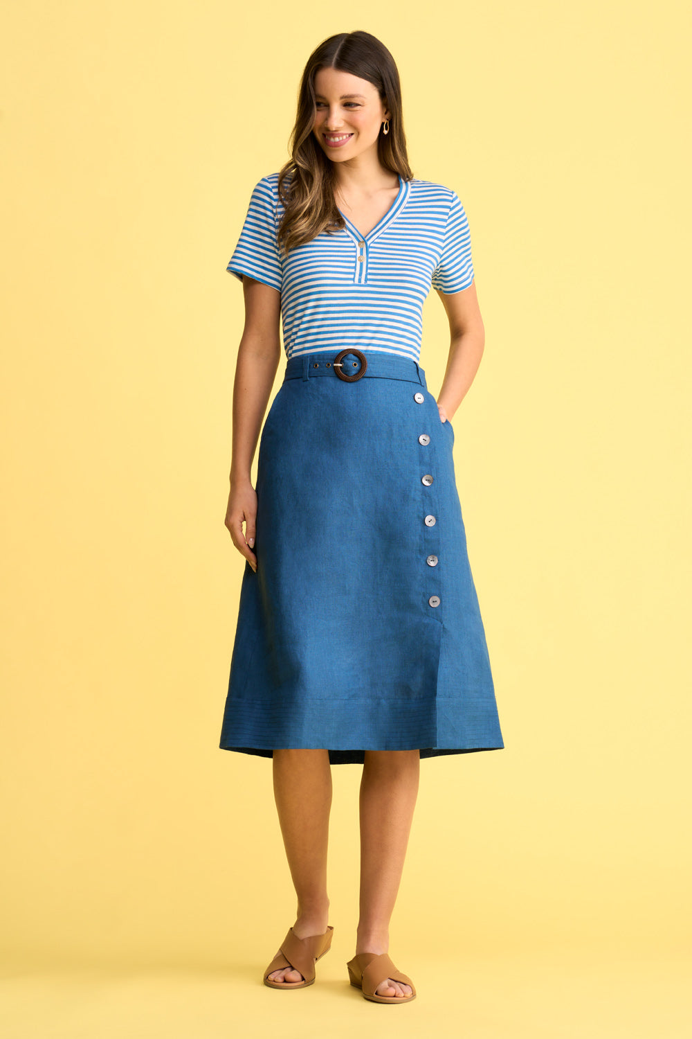 Women's Navy Blue Cross-Dyed Linen Belted Midi Skirt - Casual Summer Skirt for Beach, Office & Everyday Wear