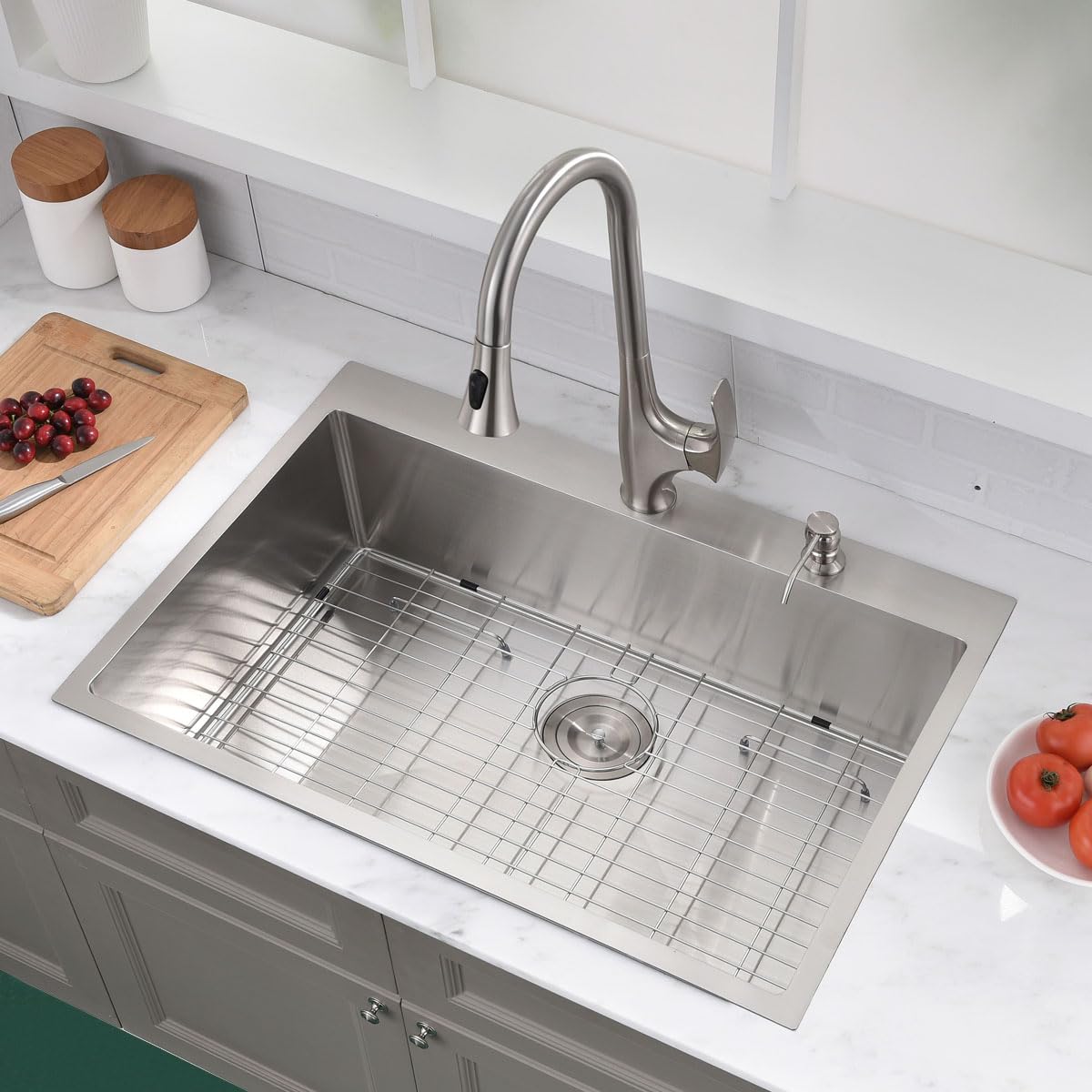 **33-inch Drop-In Stainless Steel Kitchen Sink - VOKIM 16 Gauge Single Bowl Handmade Sink with Dish Grid, Basket Strainer & Soap Dispenser - Perfect for Modern Kitchens & Easy Meal Prep**