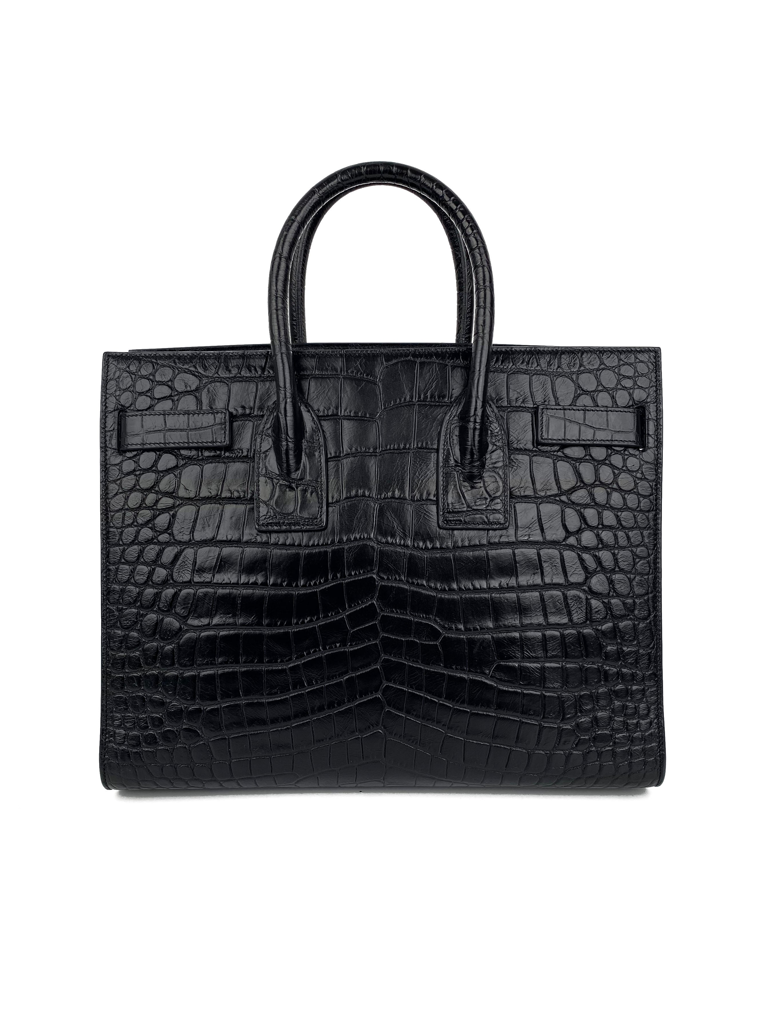 Saint Laurent Small Black Croc-Embossed Leather Sac de Jour Handbag for Women | Luxury Designer Tote Bag for Work, Travel & Everyday Use