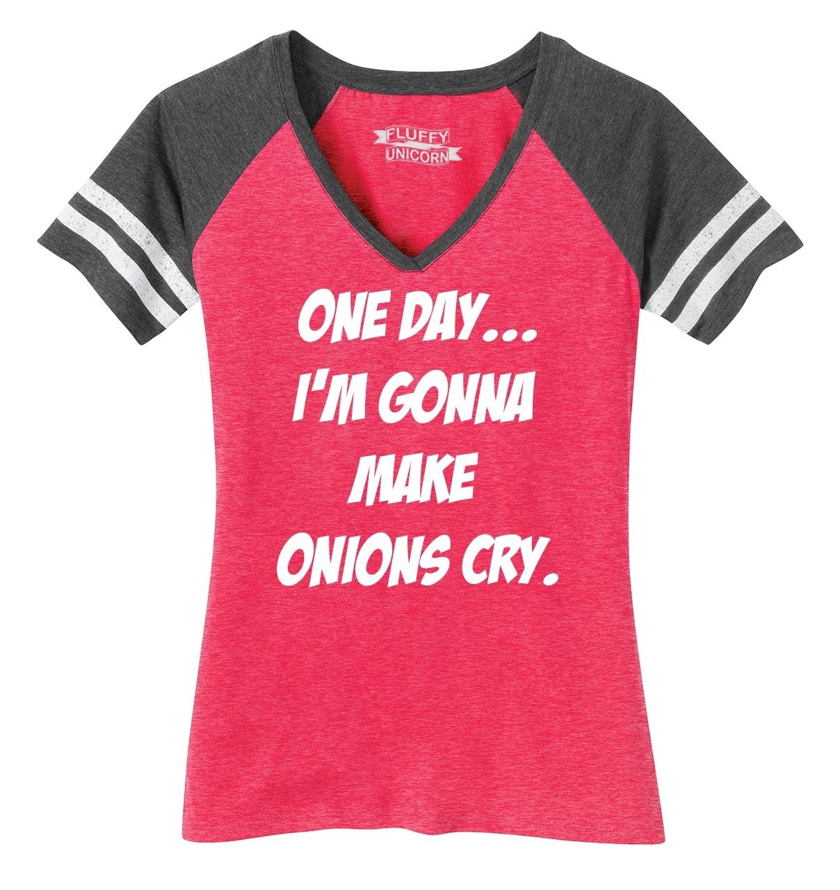 Funny Women's V-Neck T-Shirt - 'One Day I Will Make Onions Cry' Humorous Cooking Quote - Perfect for Kitchen, Cooking Enthusiasts & Funny Gift Ideas