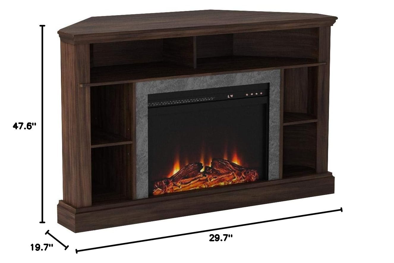 Ameriwood Home Overland 50 Inch Corner Fireplace TV Stand with Electric Heater Insert - Remote Control, Timer, Realistic Flame & Log Effect in Espresso - Perfect for Living Room, Bedroom & Home Theater Setup