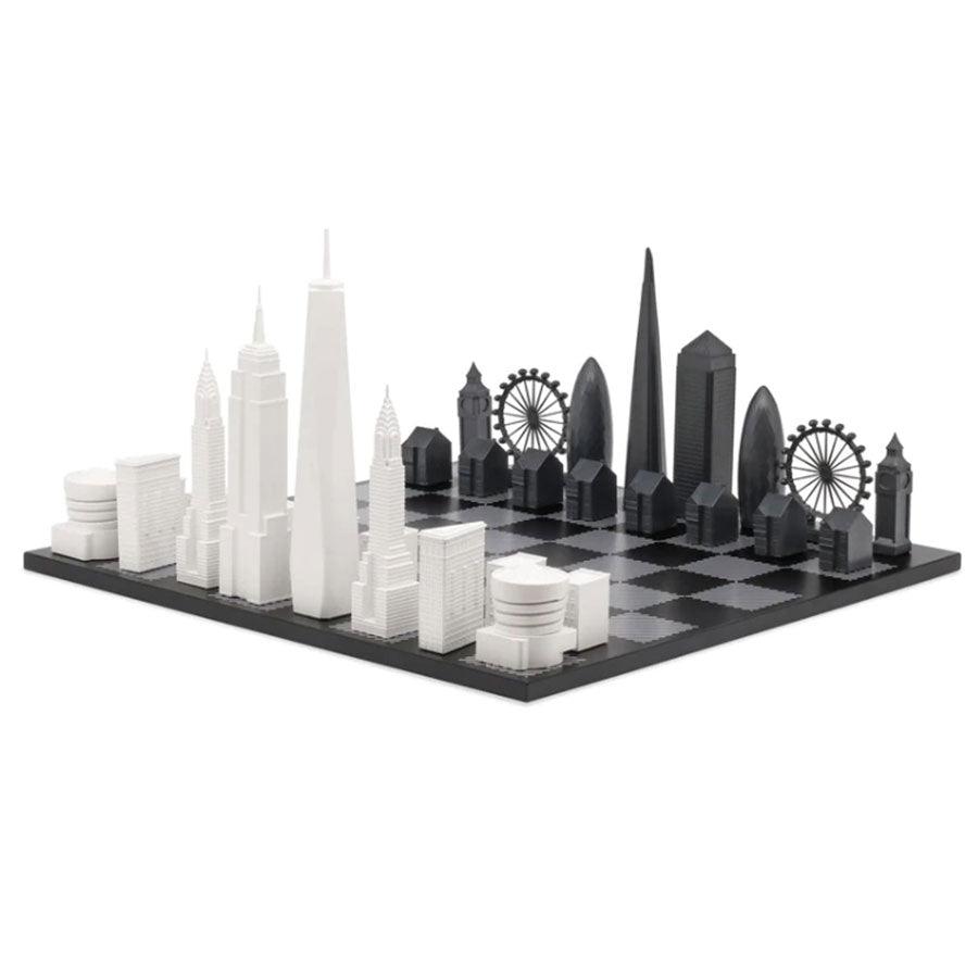 SKYLINE_CHESS Acrylic Chess Set - London vs New York Skyline Design | Unique Home Decor & Gift for Chess Lovers | Perfect for Game Nights, Office Decor, and Collector's Display