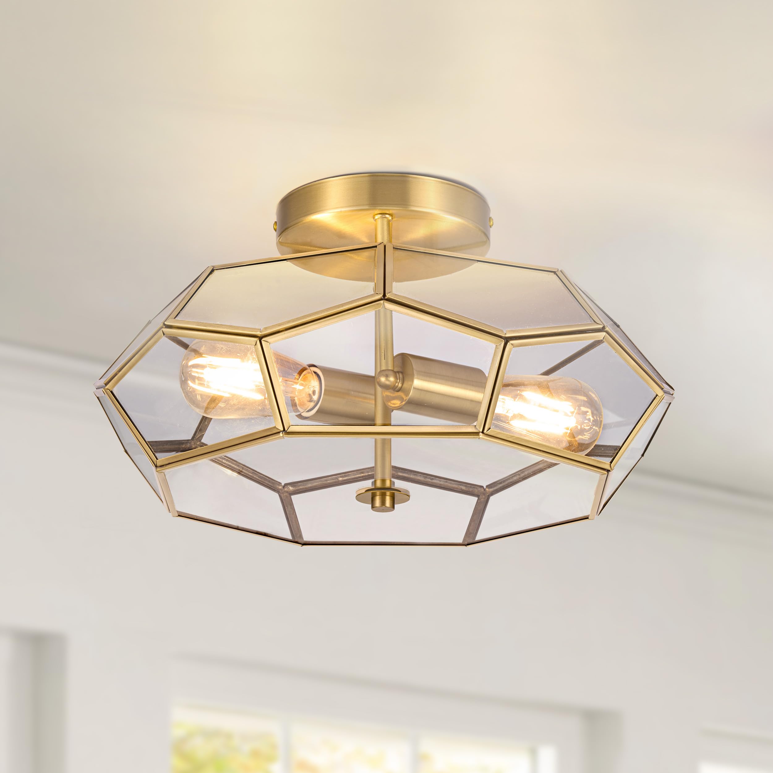 Handcrafted Brass Flush Mount Chandelier - Elegant Copper Ceiling Light Fixture for Bedroom, Living Room & Dining Room | Modern Lighting for Home Decor & Interior Design