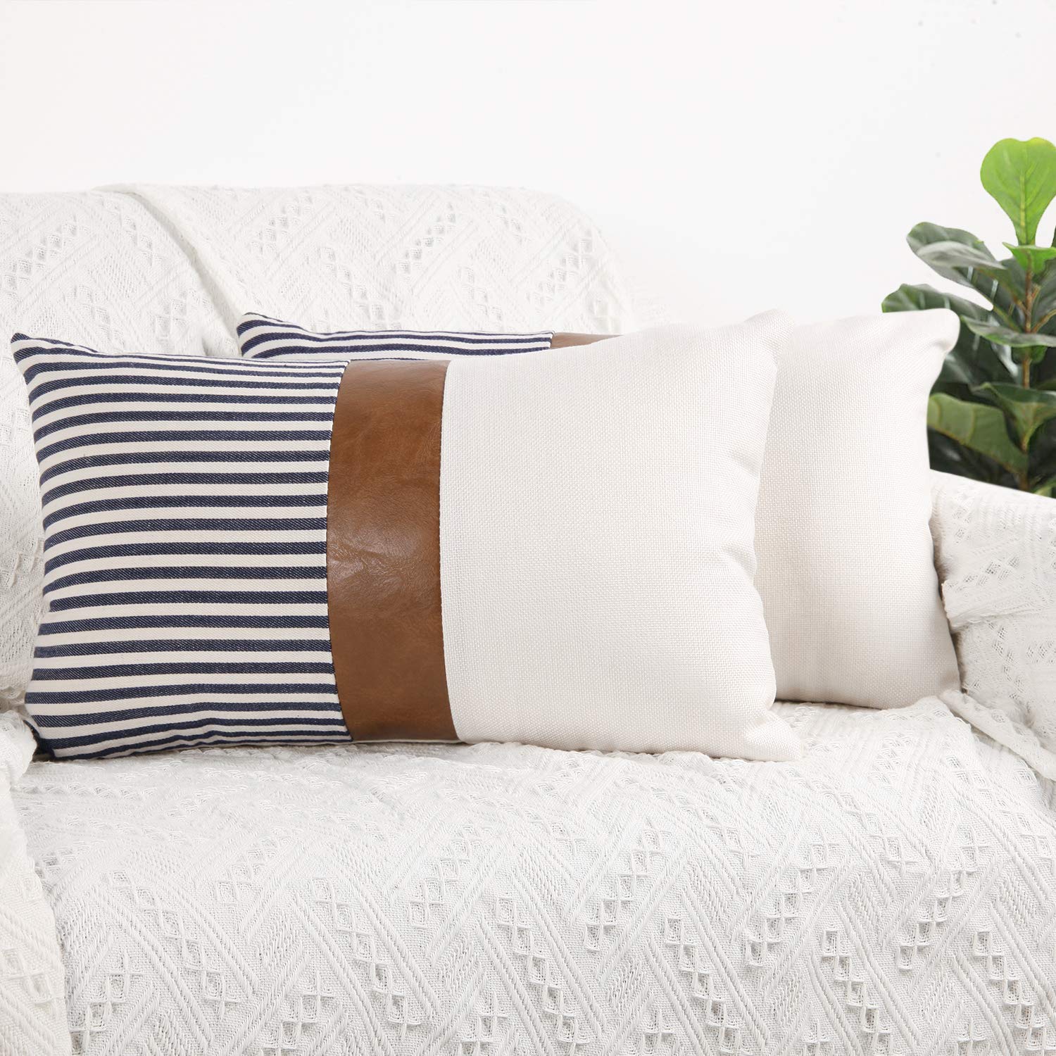 Cygnus 12x20 Pillow Covers Set of 2 - Farmhouse Decor, Stripe Patchwork Linen Throw Pillow Covers with Faux Leather Accents for Sofa & Couch - Navy Blue - Perfect for Living Room, Bedroom & Home Decor