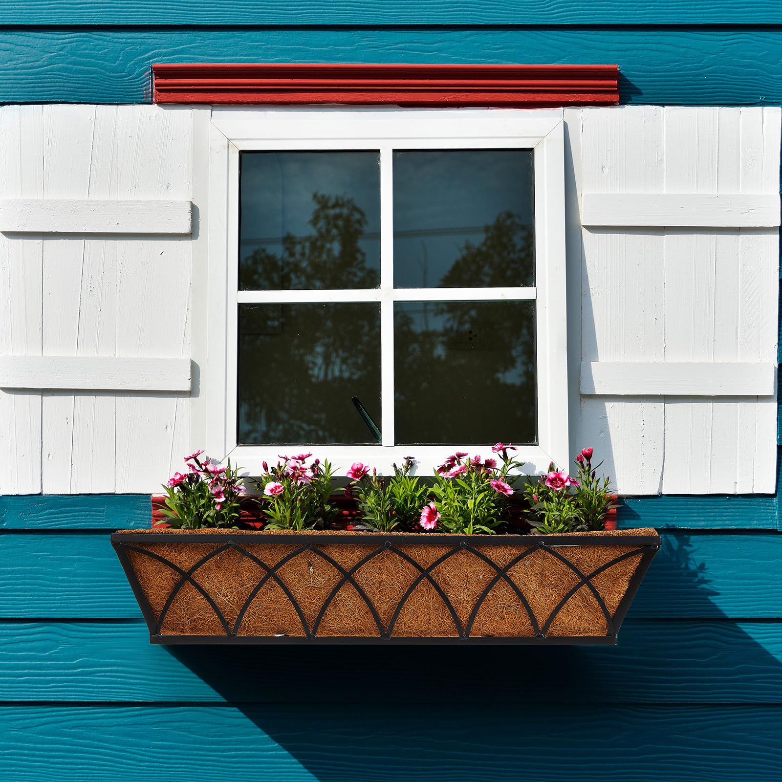 8 Pack 16 Inch Black Metal Window Deck Railing Planters with Coconut Liner - Outdoor Hanging Flower Boxes for Balcony, Fence, Porch, Patio & Lawn Decor | Perfect for Herbs, Flowers & Small Plants