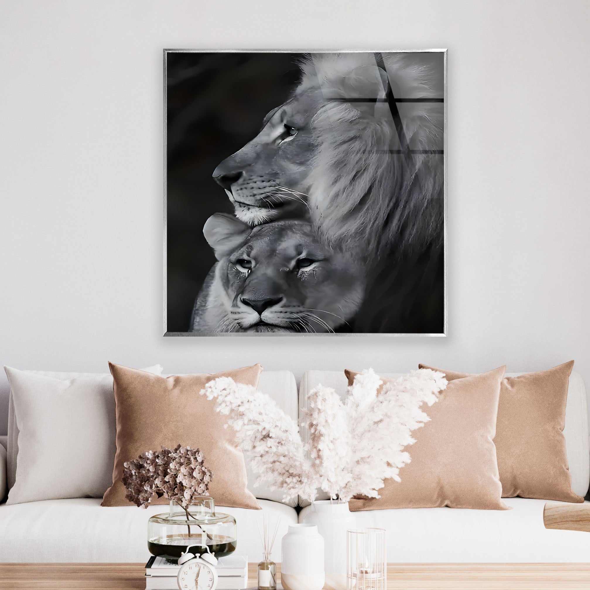 Black & White Lion Family Glass Wall Art - Elegant Home Decor for Living Room, Bedroom & Office - Perfect Gift for Animal Lovers