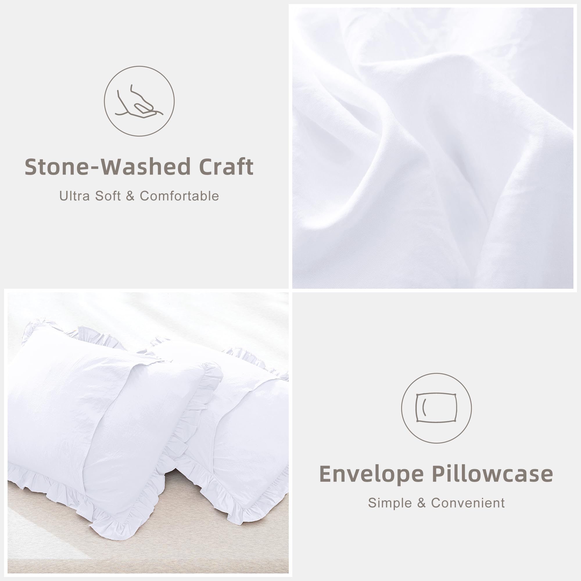 QSH White Ruffled Comforter Set - Queen Size Farmhouse Shabby Chic Boho Bedding - Lightweight Fluffy Microfiber Comforter - 3 Piece Set for Cozy Bedroom Decor & Guest Room Styling