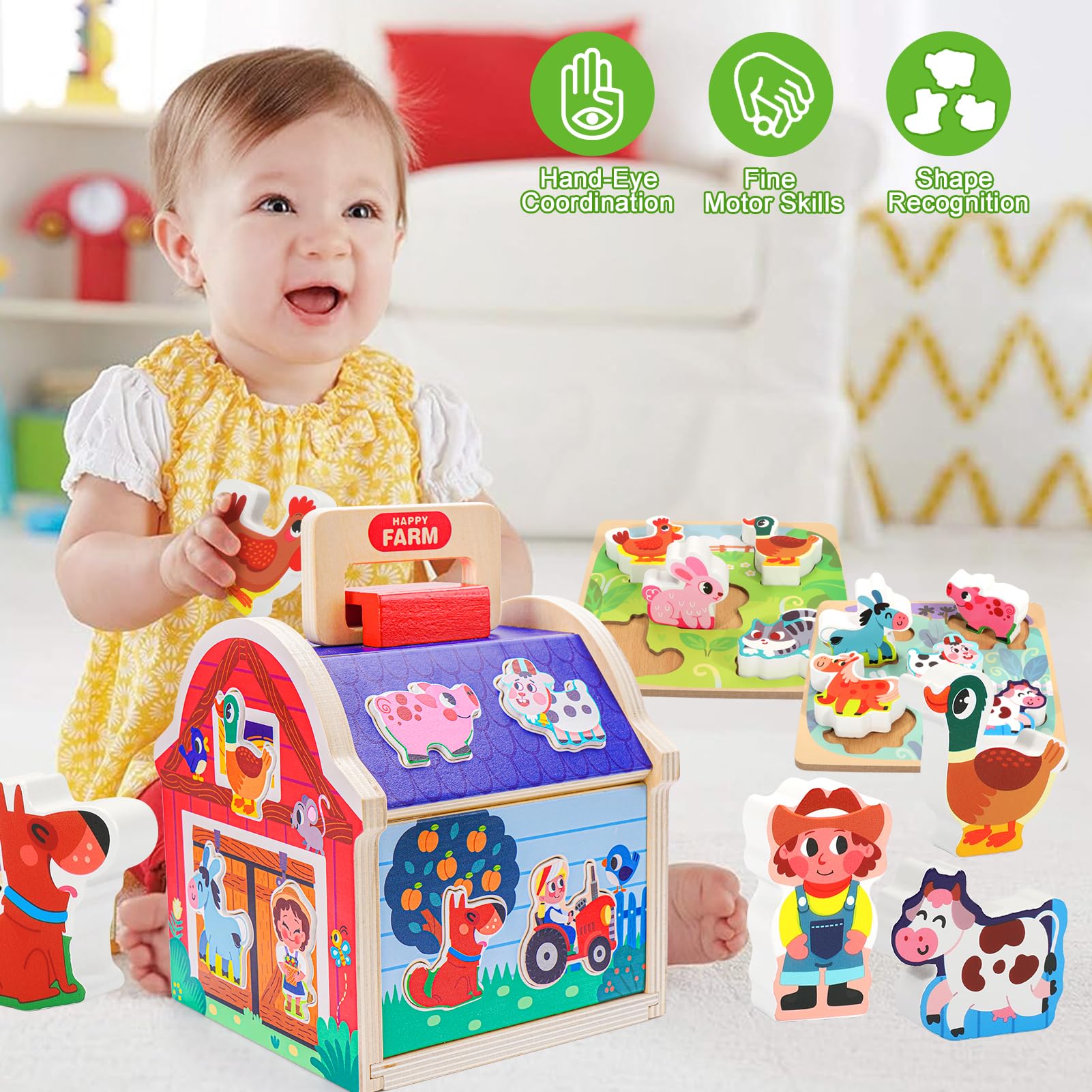 Montessori Wooden Farm Animal Toys for Toddlers 1-3 Years Old - Educational Sorting Barn Toy with Blocks & Puzzles, Baby Shape Sorter Learning Activity - Perfect Christmas Birthday Gift for Boys & Girls | Farm-Themed Early Learning, Preschool Classroom, Daycare, Homeschooling & Sensory Play