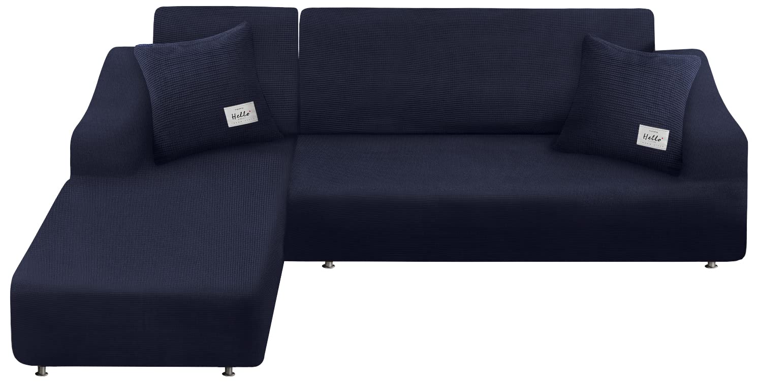 Super Stretch Sectional Sofa Covers - Washable L-Shaped Couch Slipcovers Set with Pillowcases (3-Seater + Chaise, Navy) - Pet & Kid Friendly Furniture Protector for Living Room, Family Room & Home Decor