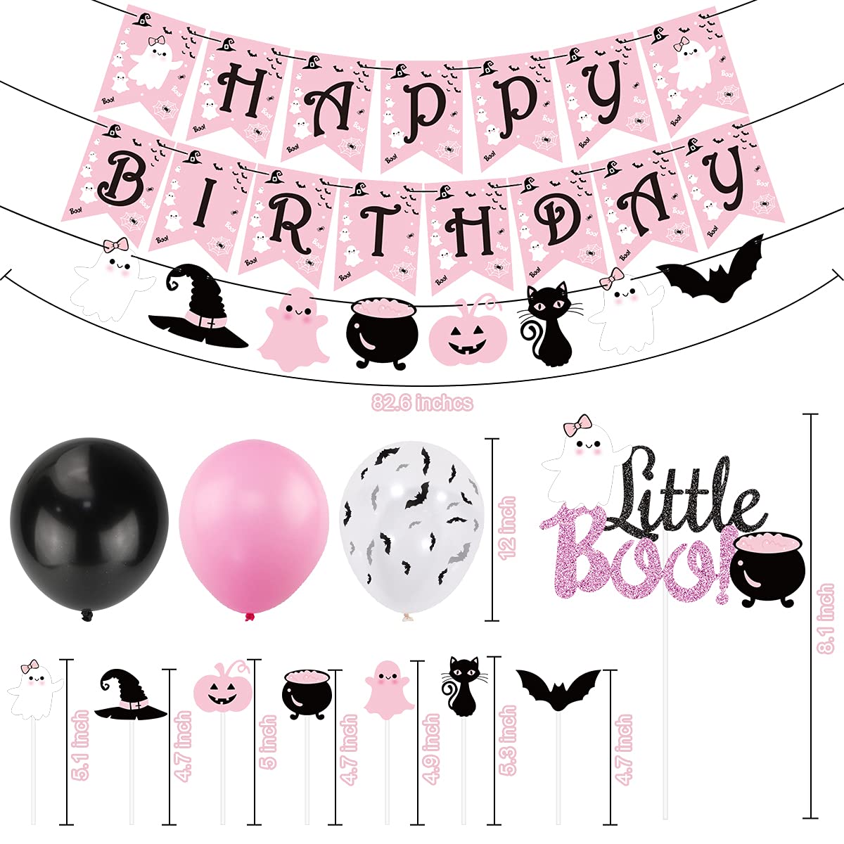 Pink Halloween Happy Birthday Banner, Little Boo Cake Topper with Ghost & 30Pcs Bat Balloons - Scary Theme Party Decor for Halloween, Baby Shower, Kids Birthday - Perfect for Indoor & Outdoor Halloween Celebrations