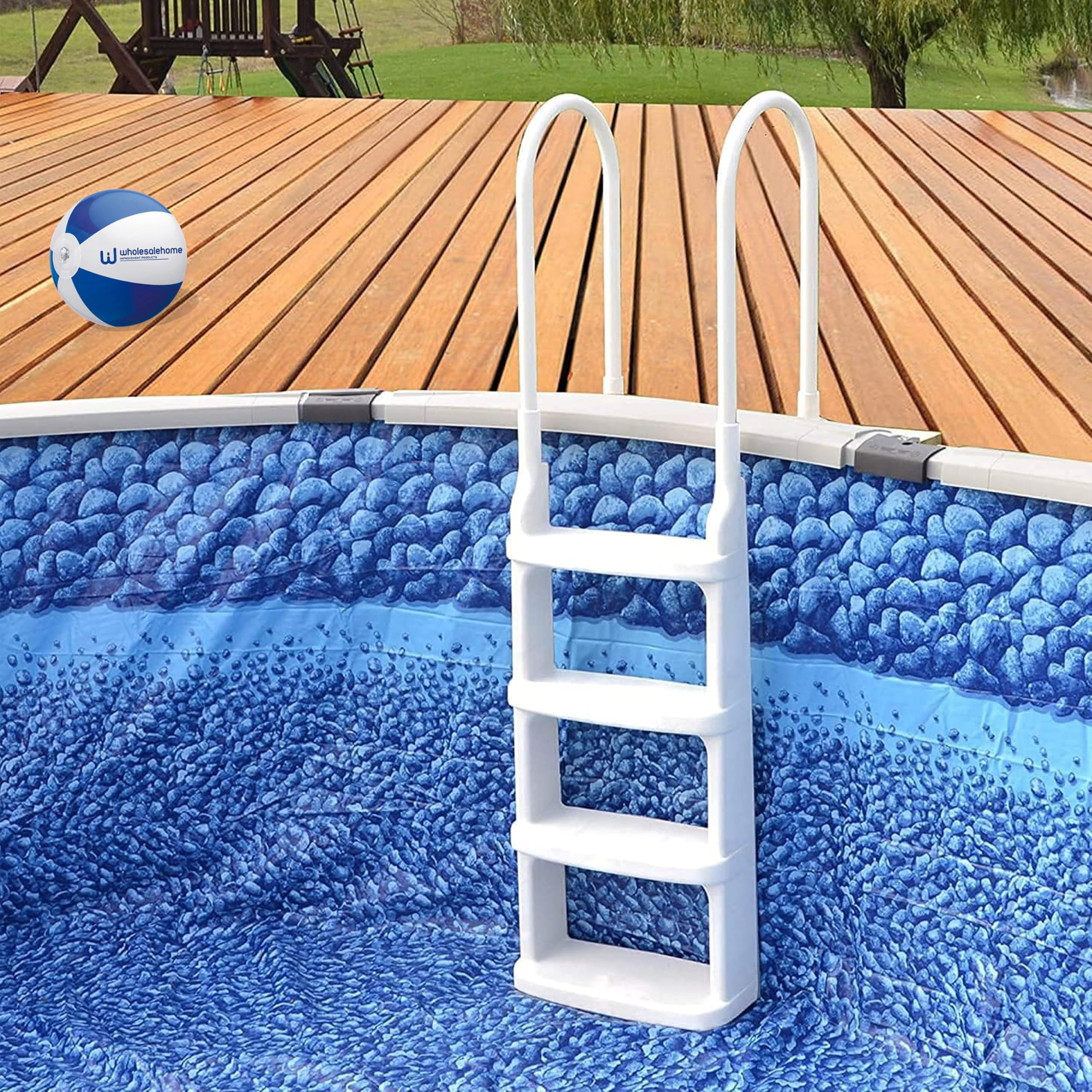 Easy Incline 200200 Above Ground Pool Deck Ladder - White In-Pool Swimming Ladder with Non-Slip Steps | Includes Free Beach Ball | Perfect for Backyard Pools, Inground Pools & Beach Parties