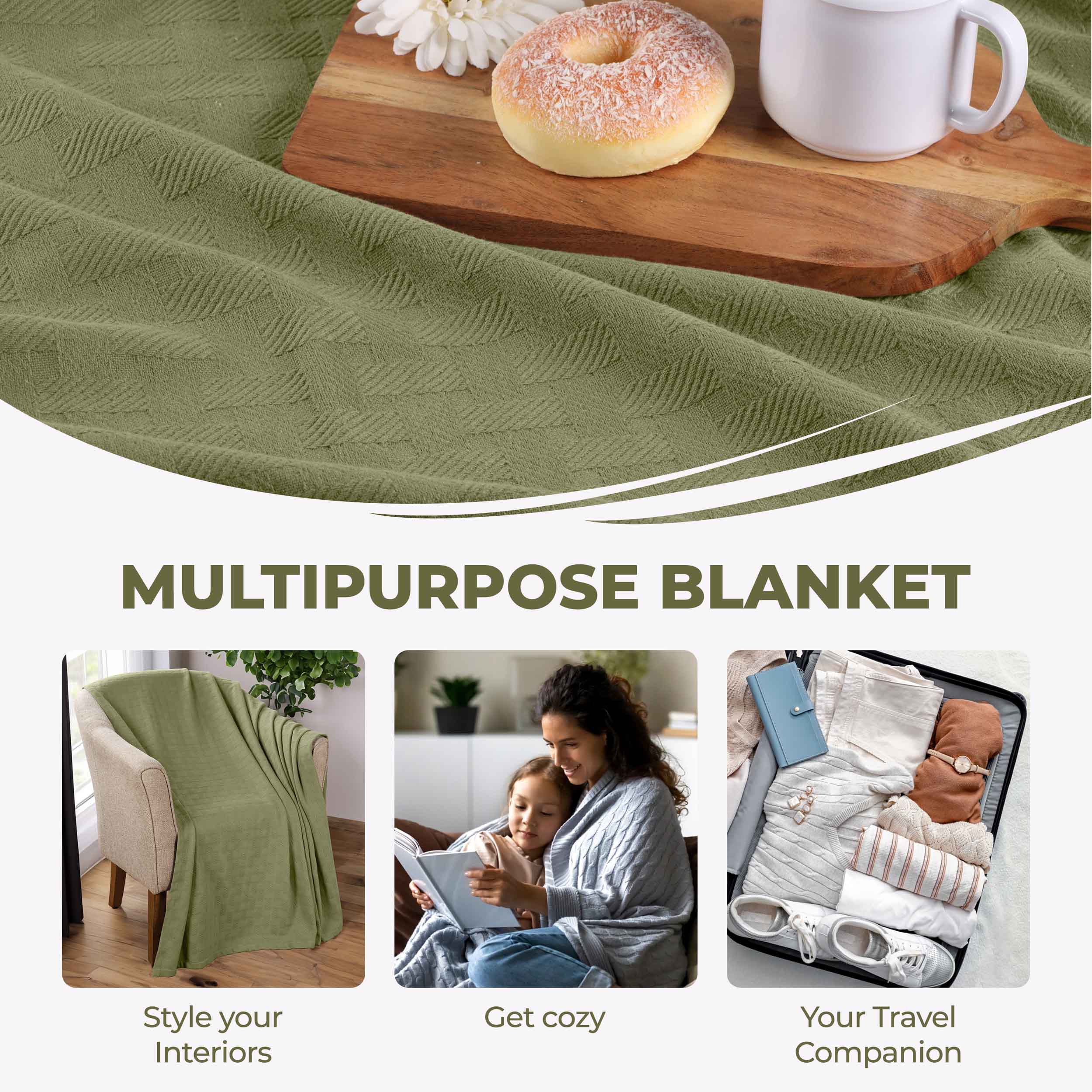 Soft Basketweave All-Season Cotton Bed Blanket & Sofa Throw - Lightweight Breathable Blanket for Bedroom, Living Room, Travel and Outdoor Use