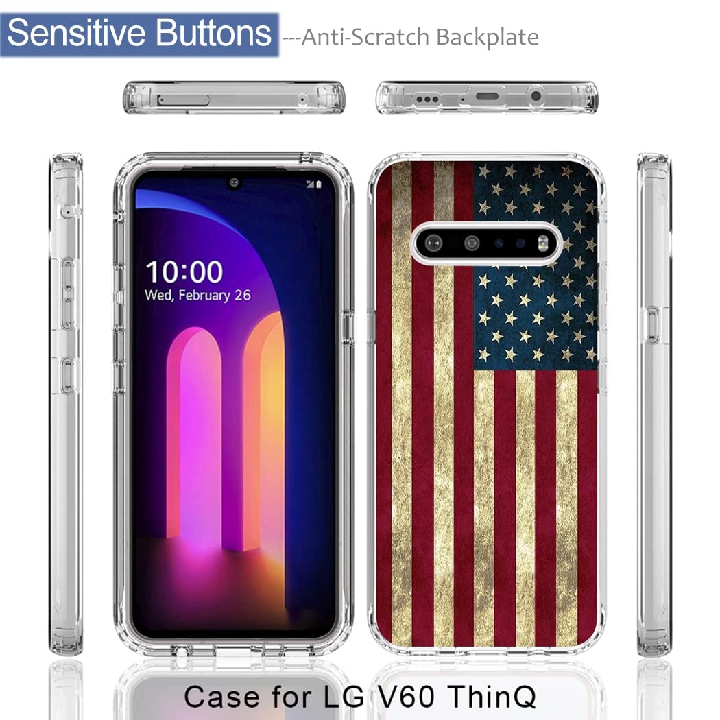 **LG V60 ThinQ 5G Case with Tempered Glass Screen Protector - Clear USA Flag Design, Shockproof Full Body Protective Cover for LG V60/LM-V600 - Perfect for Travel, Work & Everyday Use**
