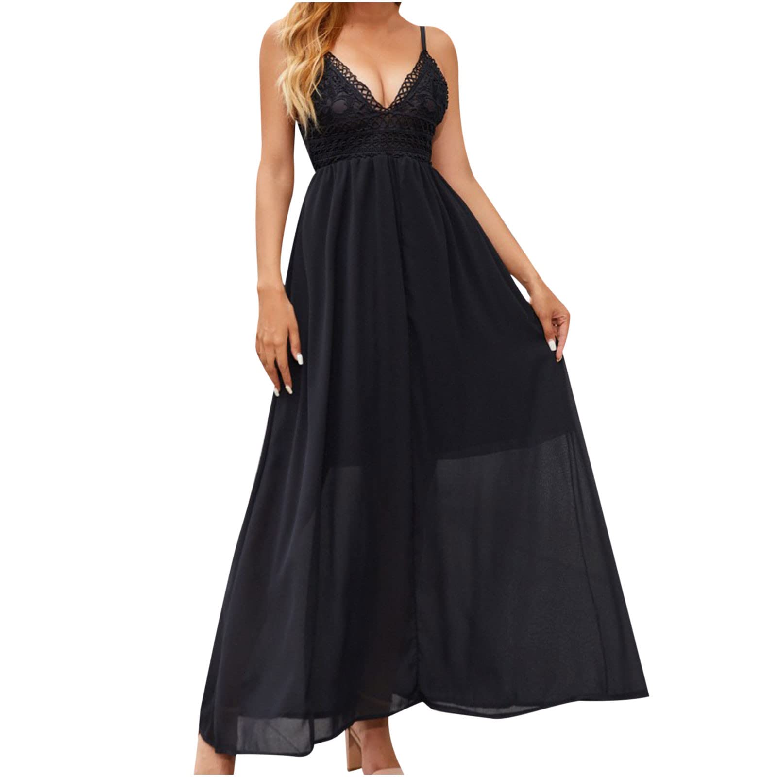 Women's Lace Long Dress - Summer Boho Sling Dress with V-Neck | Sexy Slim Beach Dress for Women | Elegant Swing Dress in Solid Color | Perfect for Beach Vacations, Date Nights & Summer Parties