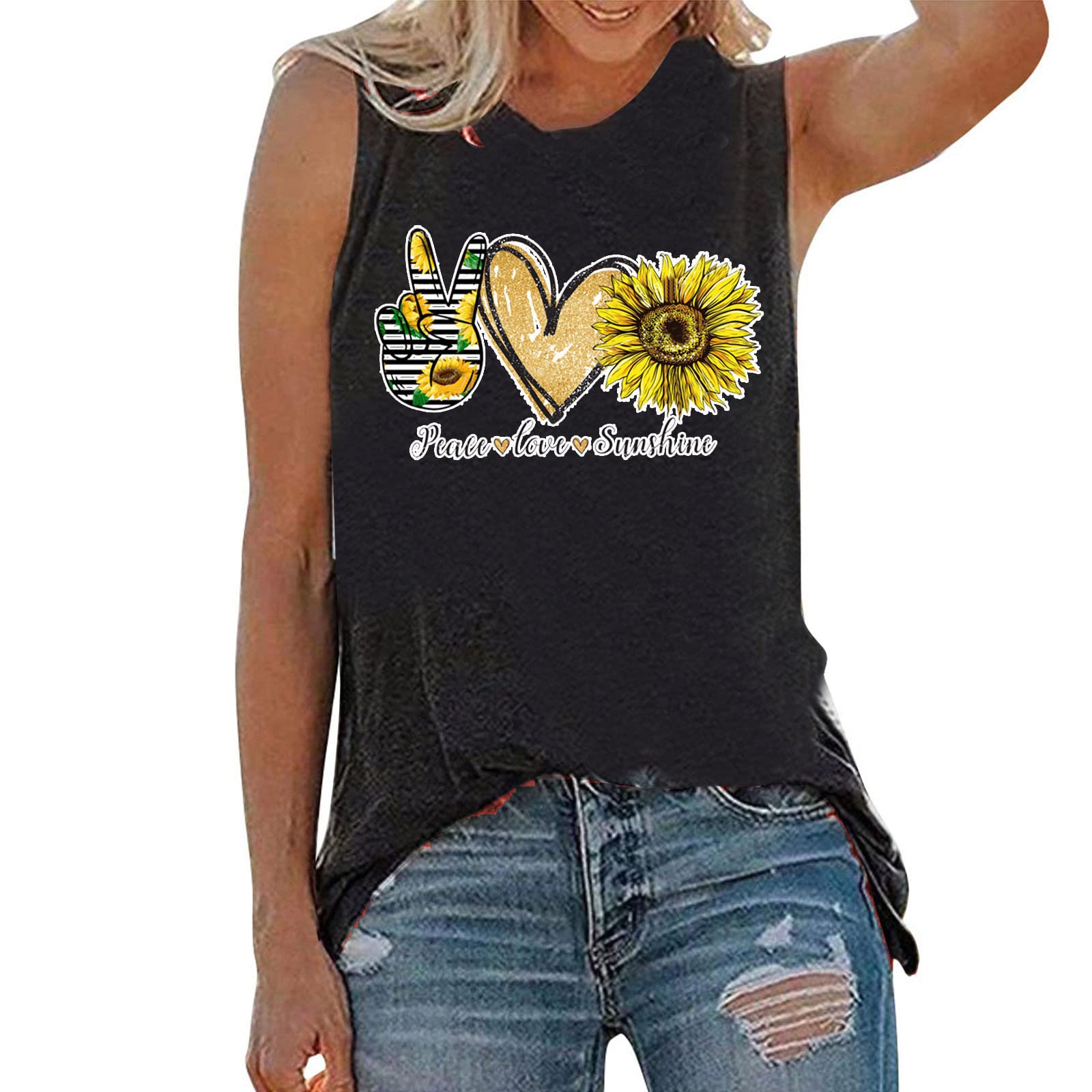 Blekii Women's Graphic Tank Tops - Round Neck Sleeveless Sunflower Peace Love Sunshine Print T-Shirts | Summer Casual Tee Tops for Beach, Music Festivals & Outdoor Activities