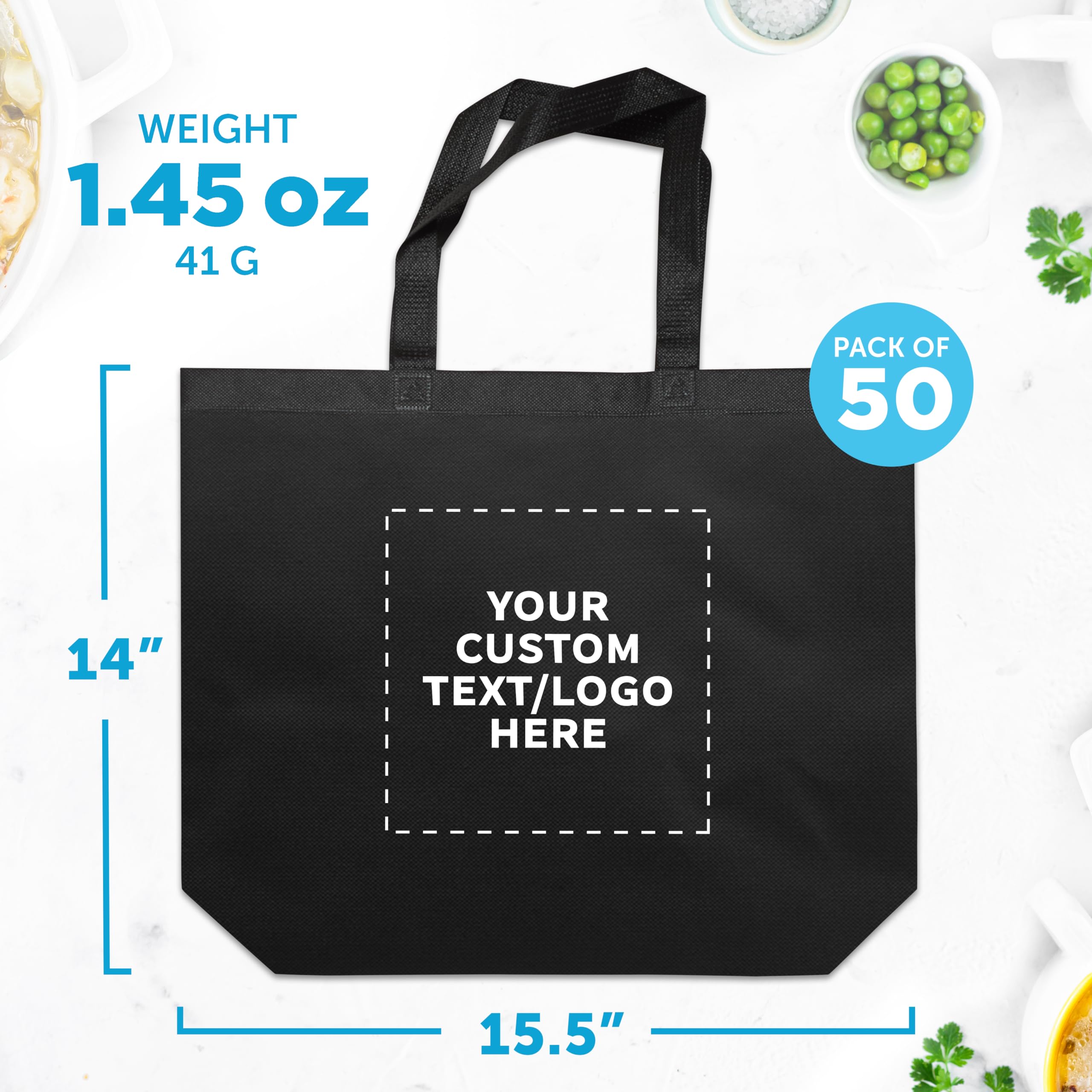 Custom Jumbo Reusable Tote Bags - Bulk Pack of 50 Personalized Grocery & Shopping Bags - Promotional Gift for Women (Black) | Perfect for Retail Stores, Events, Trade Shows & Eco-Friendly Shopping