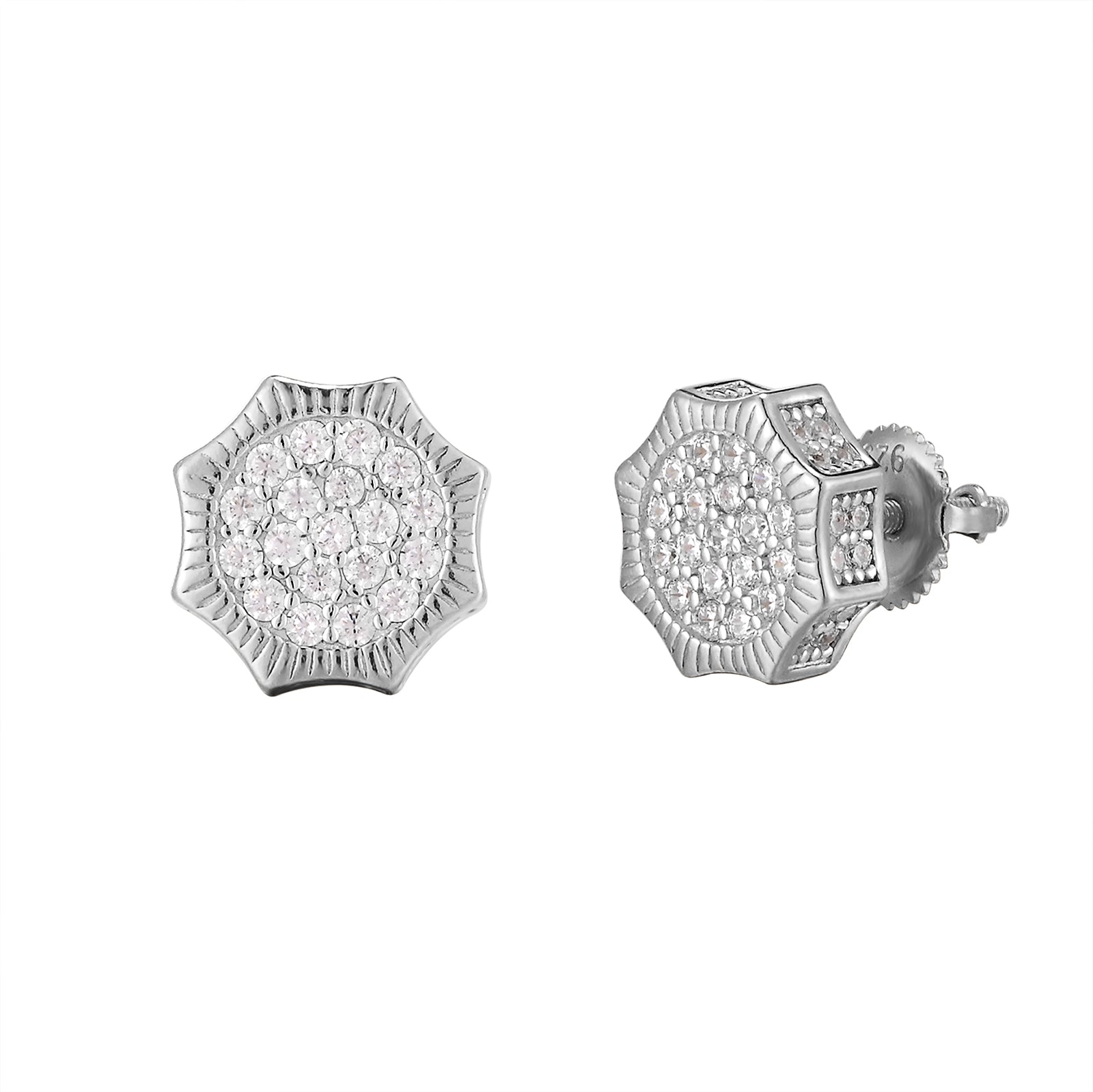 Round Solitaire Fluted Border Icy Sides Silver Octagon Earrings for Women - Elegant Sterling Silver Dangle Earrings for Party, Wedding & Special Occasions