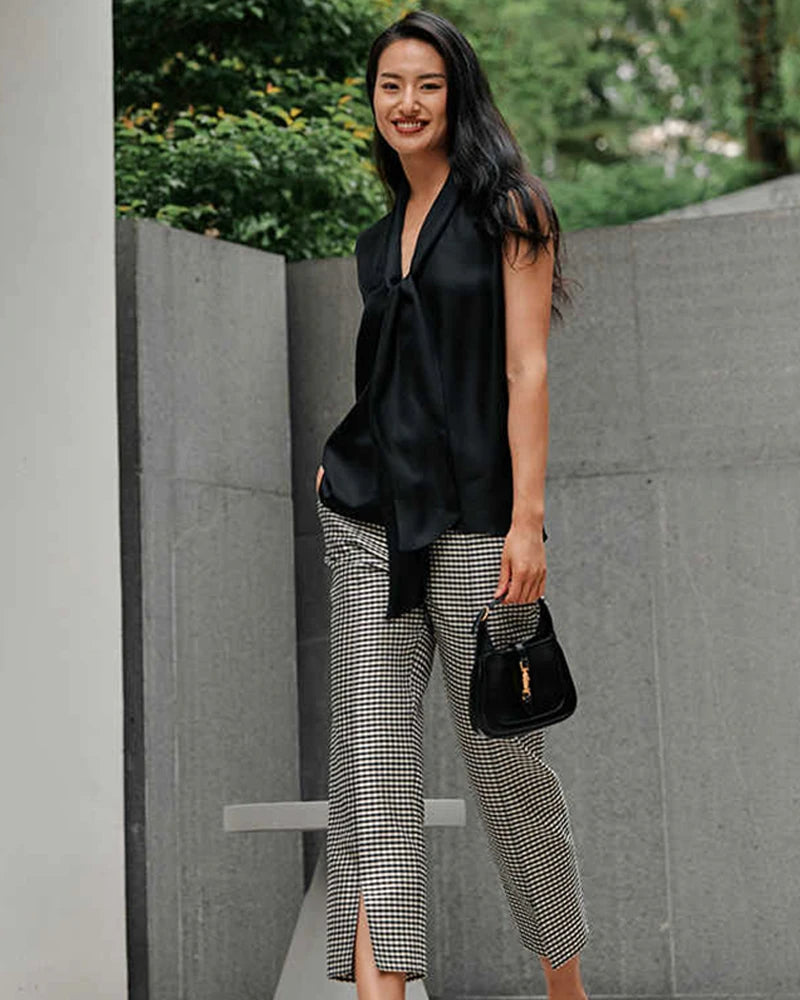 Elegant Sleeveless Silk Blouse for Women - Chic Tie Neck Design - Perfect for Office Wear, Evening Parties & Special Occasions