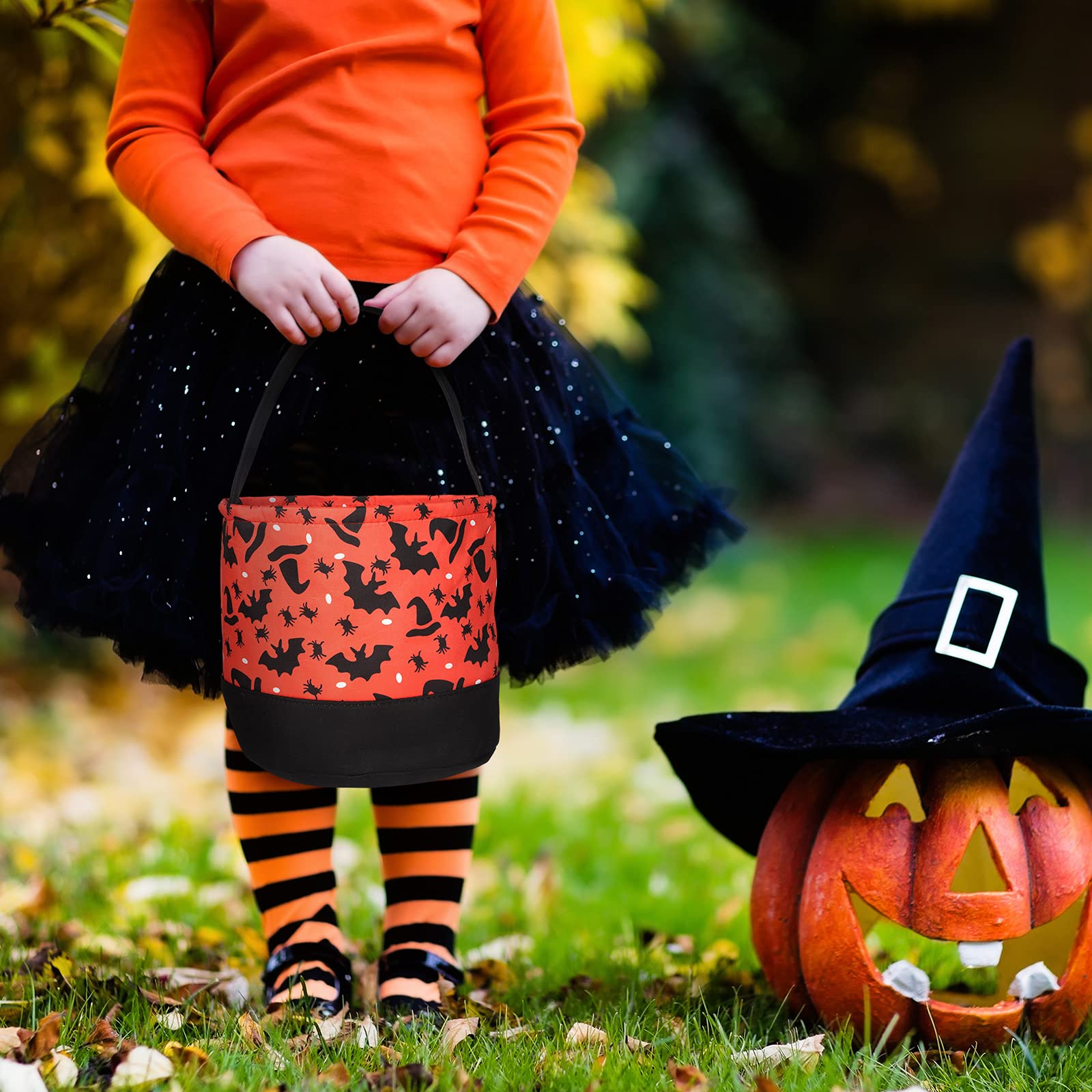 Halloween Party Favor Bags - Orange Trick or Treat Tote with Black Bat & Wizard Hat Design - Halloween Candy Buckets for Kids & Adults - Perfect for Trick-or-Treating, Halloween Parties & School Events