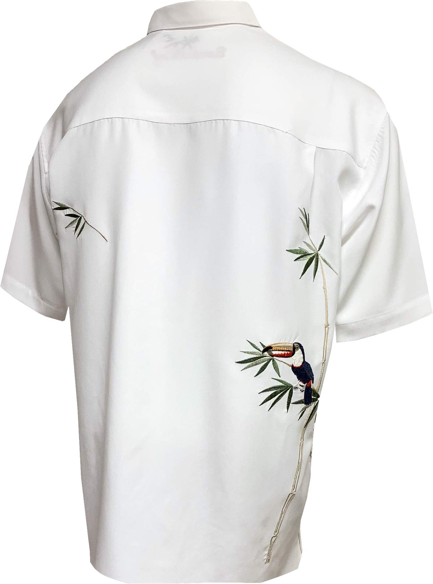 Men's Tropical Hawaiian Shirt - Short Sleeve Button Down with Embroidered Flying Parrots & Bamboo Print | Beach Vacation, Summer Party, Luau Outfit