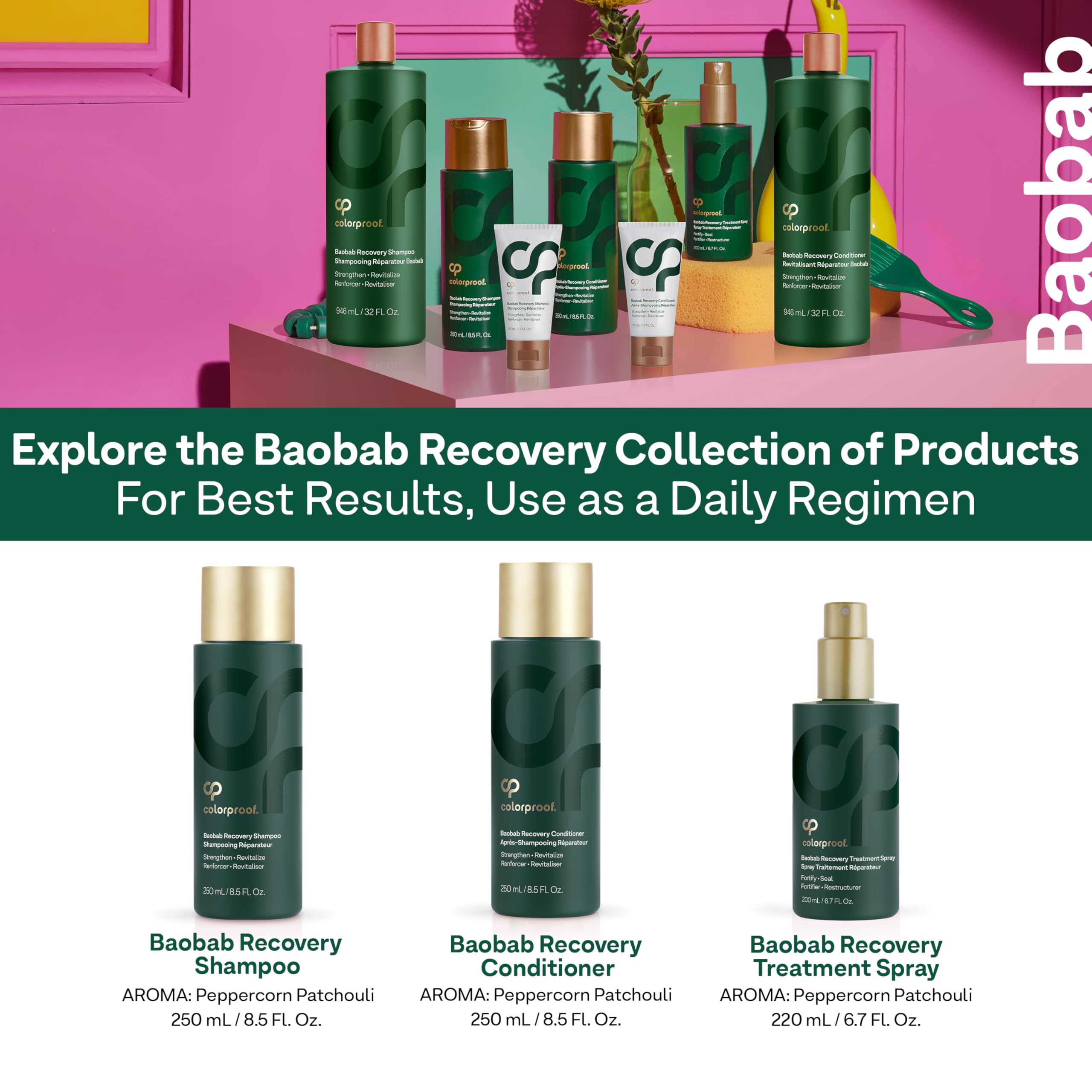 ColorProof Baobab Recovery Hair Kit - Repairing Shampoo & Conditioner Set (8.5 Fl Oz) with Hair Treatment Spray (6.7 Fl Oz) - Damaged Hair Repair & Color Protection for Dry, Brittle Hair - Perfect for Salon Treatments & Home Hair Care