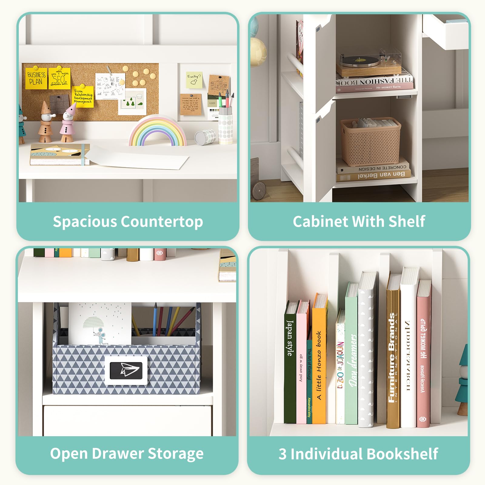 White Kids Desk with Chair - Wooden Study Table for Boys & Girls, Computer Desk with Storage Drawers, Hutch & Bookshelf - Perfect for Bedroom & Study Room (Pearl White) | Ideal for Homework, Online Learning & Creative Activities