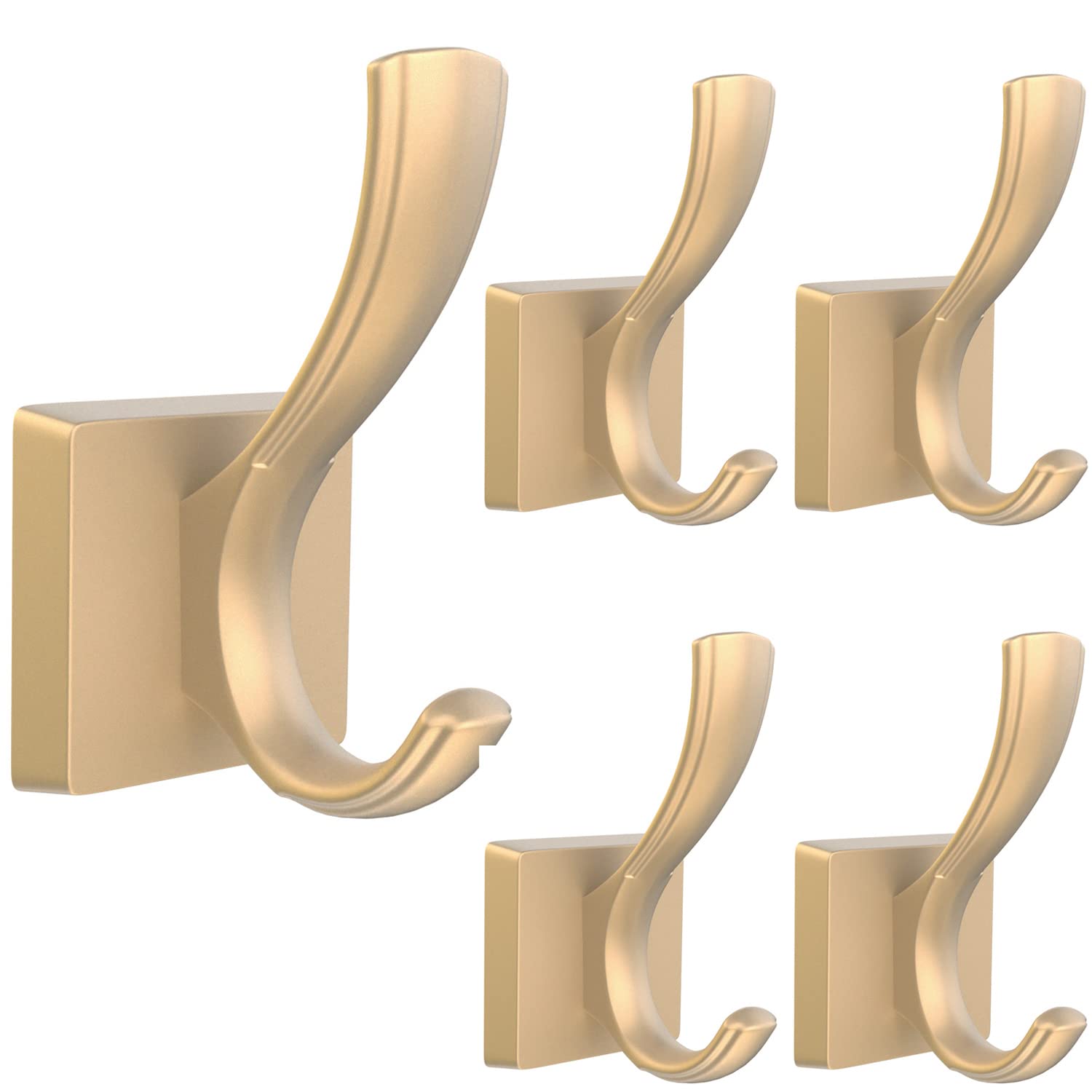 TOFIIGREM Heavy Duty Gold Wall Hooks - 5 Pack Double Hook for Bathroom, Kitchen, Entryway - Sturdy Metal Hanging Solution for Towels, Backpacks, Keys, Robes & Hats - Perfect for Home Organization & Space Saving