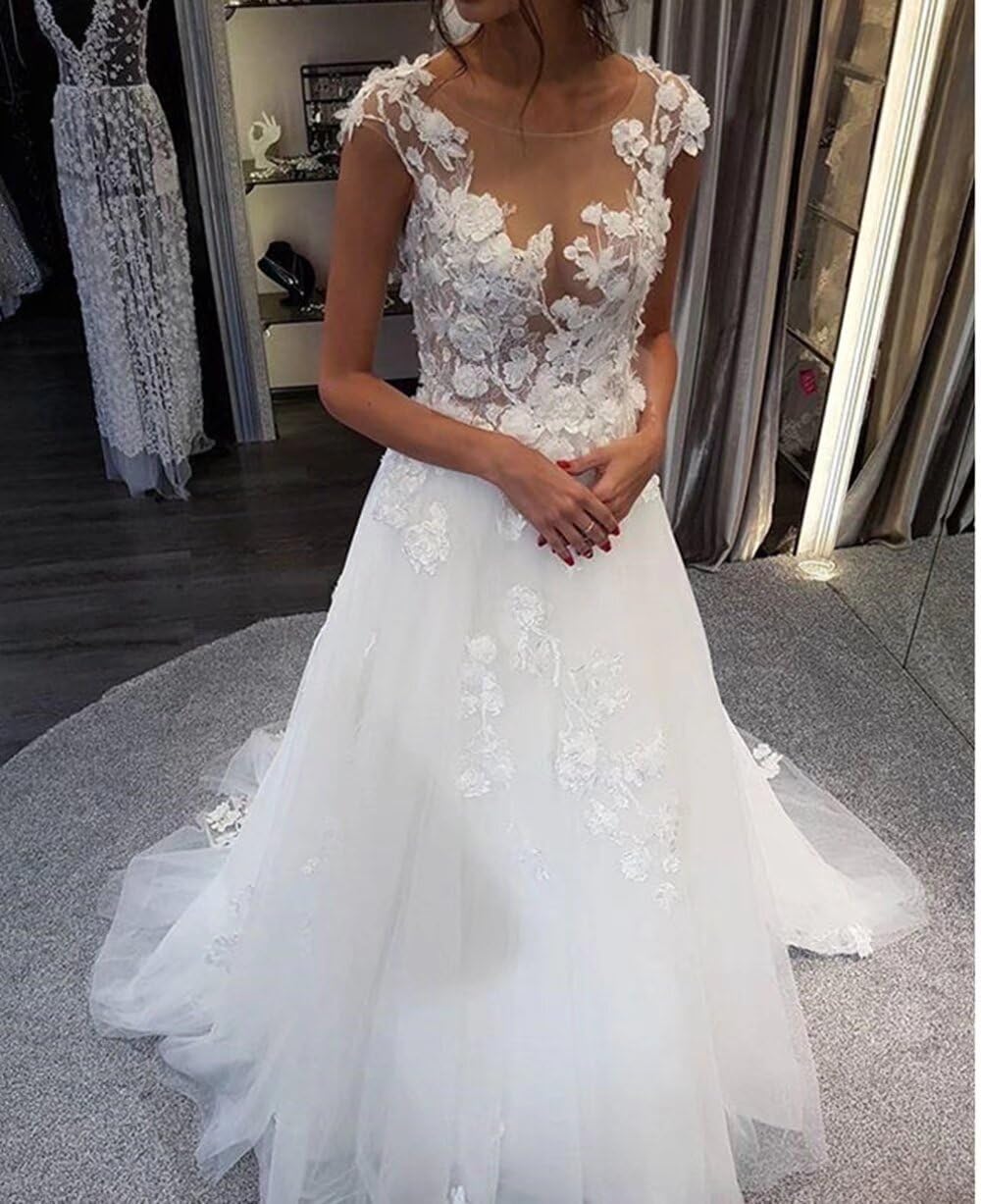 Elegant Illusion Wedding Dresses for Bride – Long Lace Appliques Tulle Sleeveless Bridal Gown – Perfect for Beach, Church, and Formal Wedding Ceremonies