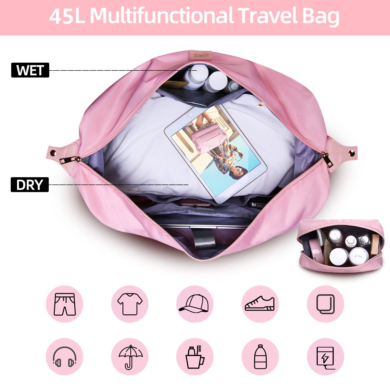 HOMIEE 45L Large Travel Duffle Bag for Women - Waterproof Carry On Weekender Bag with Shoe Compartment & Toiletry Bag - Pink (Perfect for Gym, Weekend Trips & Airplane Travel)