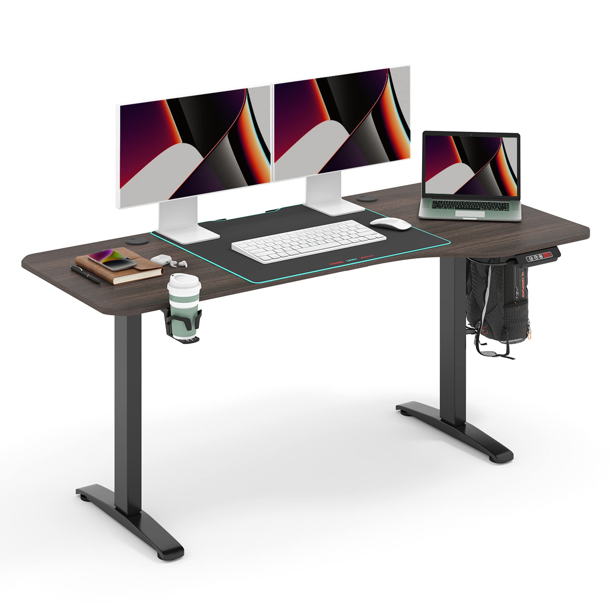 LINSY HOME 63x24 Inch Electric Height Adjustable Standing Desk for Home Office - Sit Stand Workstation with Cup Holder, Hook & Splice Board (Deep Brown/Black) - Perfect for Remote Work, Gaming & Study Setup