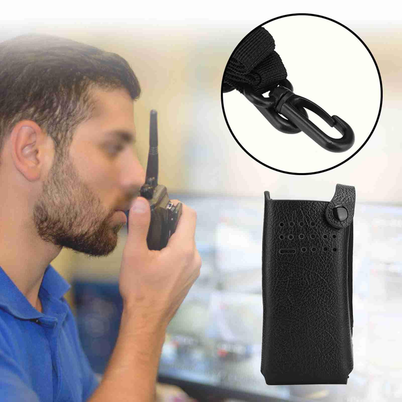 Premium Hard PU Leather Two-Way Radio Holster with Hook Clip & Adjustable Shoulder Strap - Protective Carrying Case for Motorola GP328D - Ideal for Construction, Security & Outdoor Work