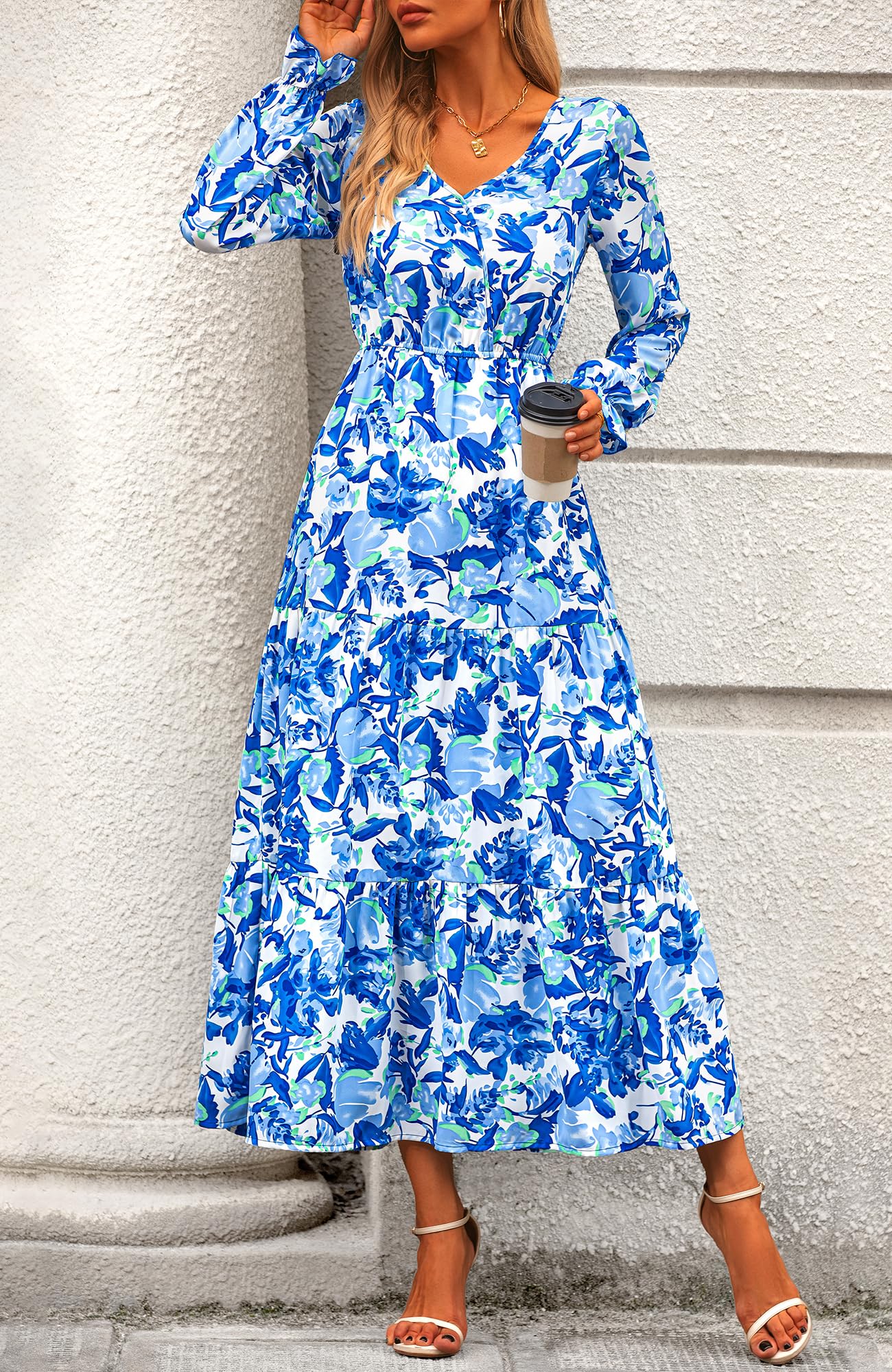 BTFBM Women's Floral Boho Maxi Dress 2025 - Long Sleeve V-Neck Casual Spring Dress for Wedding Guest, Beach, Party & Everyday Wear