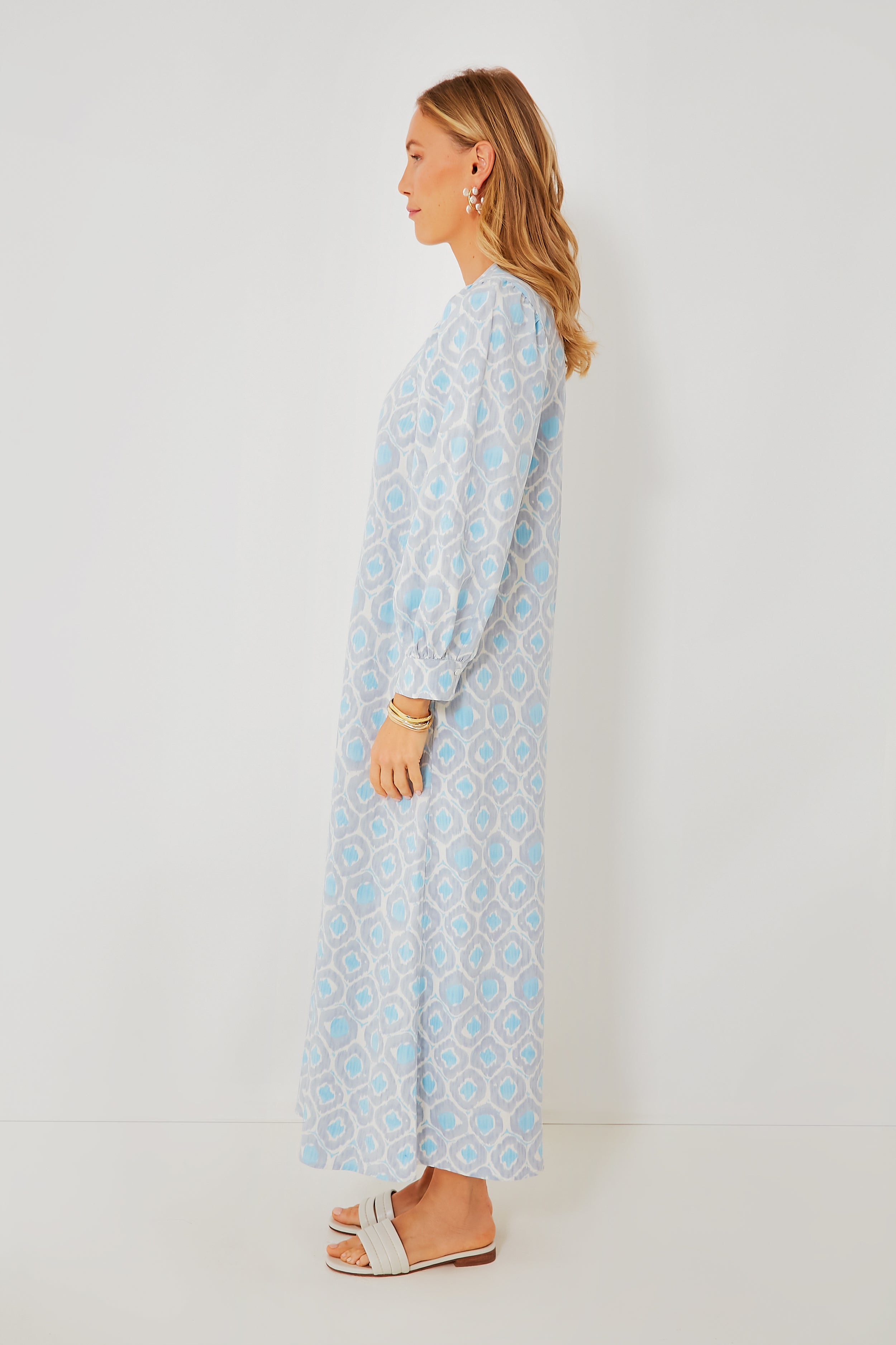 Blue Ikat Print Zipper Zadie Maxi Dress for Women - Boho Chic Floral Long Dress with Side Pockets for Beach Vacation, Summer Parties & Casual Outings