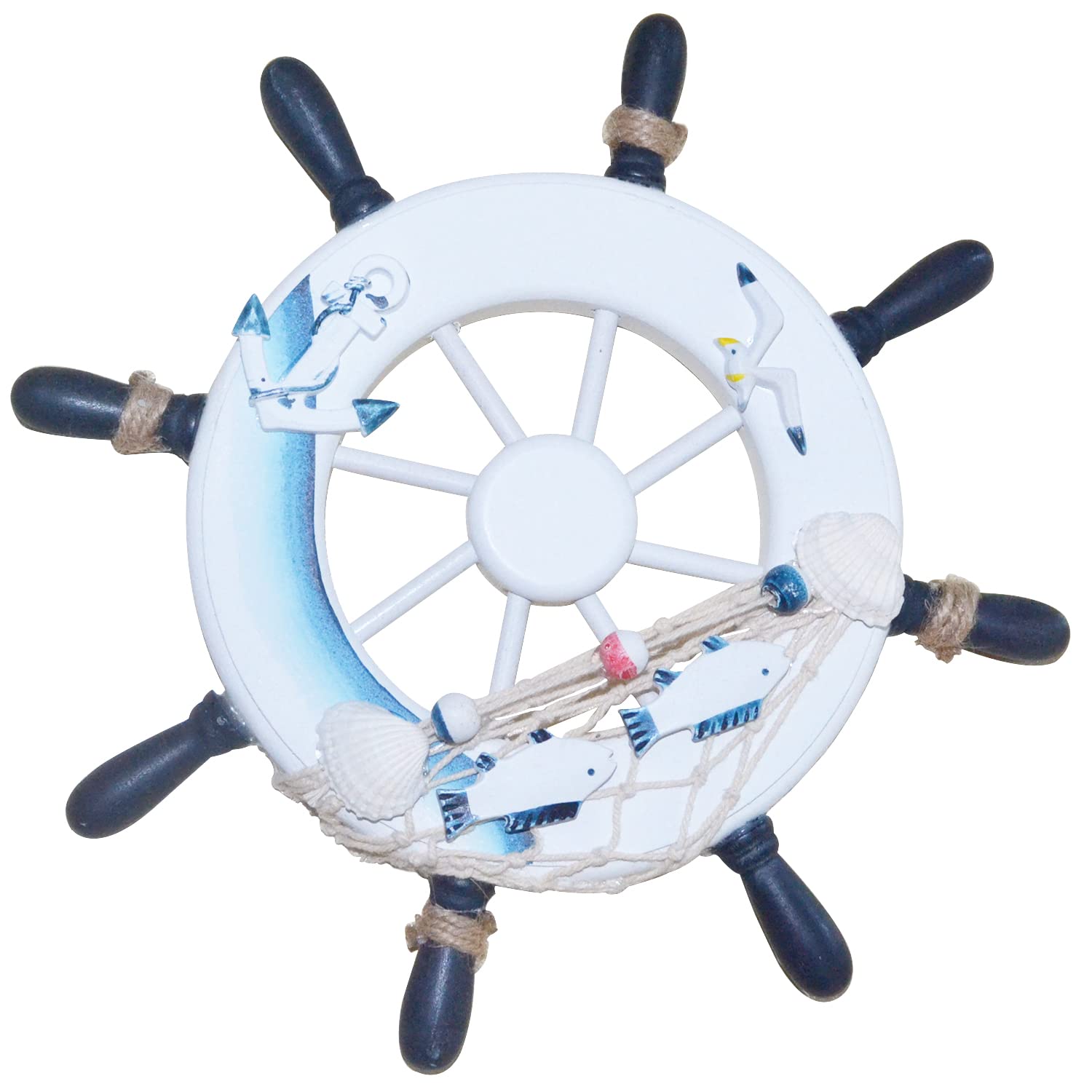 Nautical Wooden Boat Rudder Wall Decor - Navy Blue Decorative Ship Steering Wheel Wall Art 9x9