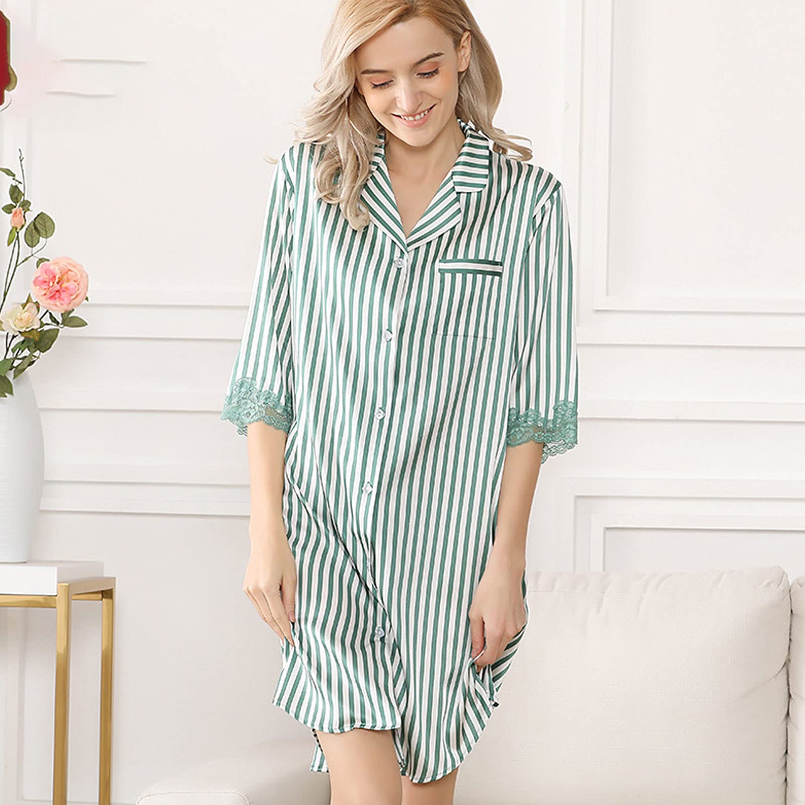 CAICAIL Women's Satin Nightgown - 3/4 Sleeve Silk Nightdress with Black & White Striped Print - Elegant Sleepwear & Lounge Dress for Home Relaxation and Vacation