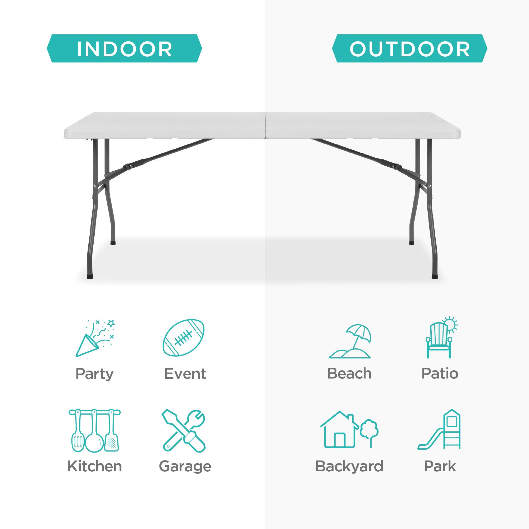 Best Choice Products 6ft Heavy Duty Folding Plastic Table - Portable Indoor Outdoor Table with Handle & Lock for Picnic, Party, Camping, BBQ, Tailgating & Home Use - White